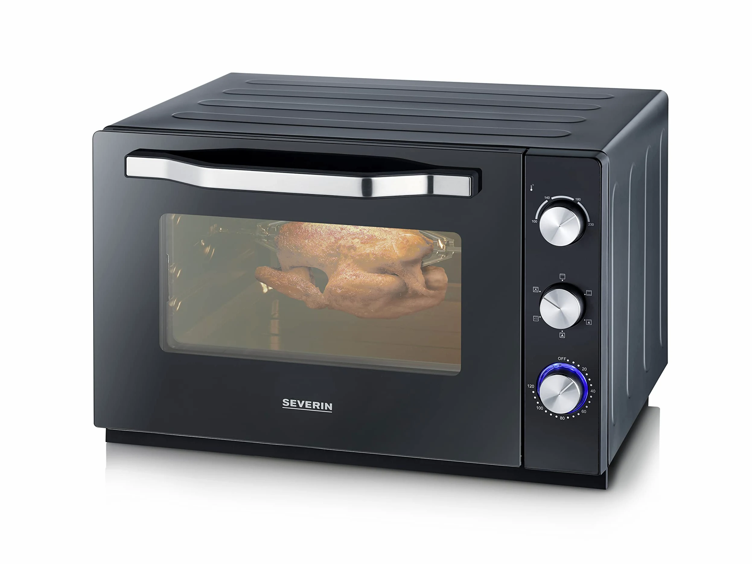 SEVERIN Four posable XXL à Chaleur Tournante 60 L avec pierre à pizza et tournebroche 2 200 W design simple et élégant, Four électrique avec minuteur 120 min, Noir/Inox, TO 2073