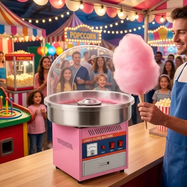 Machine à Barbe à Papa Professionnelle avec Bulle de Protection – 1,8 kg/h, Acier Inox, Cuve 50 cm – Thermostat Réglable – Idéale Événements, Fêtes, Kermesses