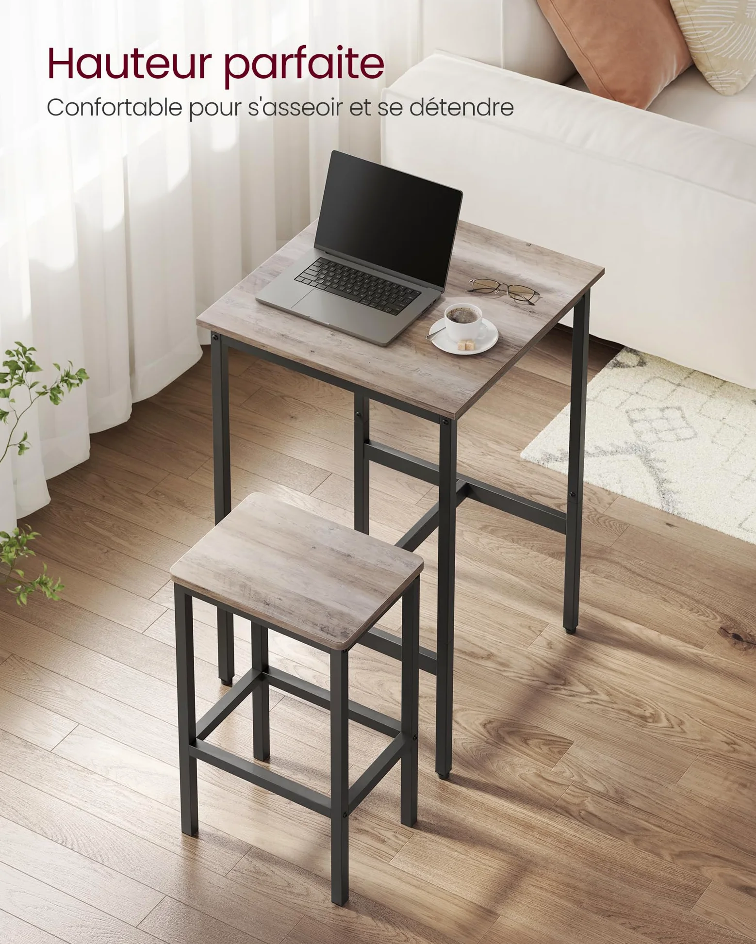 VASAGLE Ensemble Table de Bar avec Tabourets, Table à Manger avec 2 Chaises, Petite Table de Cuisine, Chaises de Bar, pour Salle à Manger, Cuisine, Grège Chiné et Noir d'encre LBT017B02
