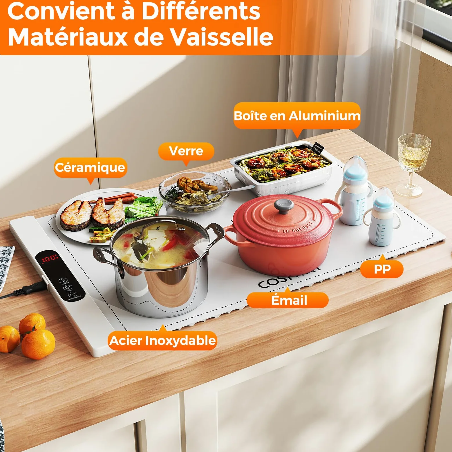 COSTWAY Chauffe Plat Électrique Pliable pour Aliments, Tapis Chauffant avec Température et Minuterie Réglables, Plateau Chauffant en Silicone Enroulable, Contrôle Tactile, pour Fêtes, Buffets (Blanc)
