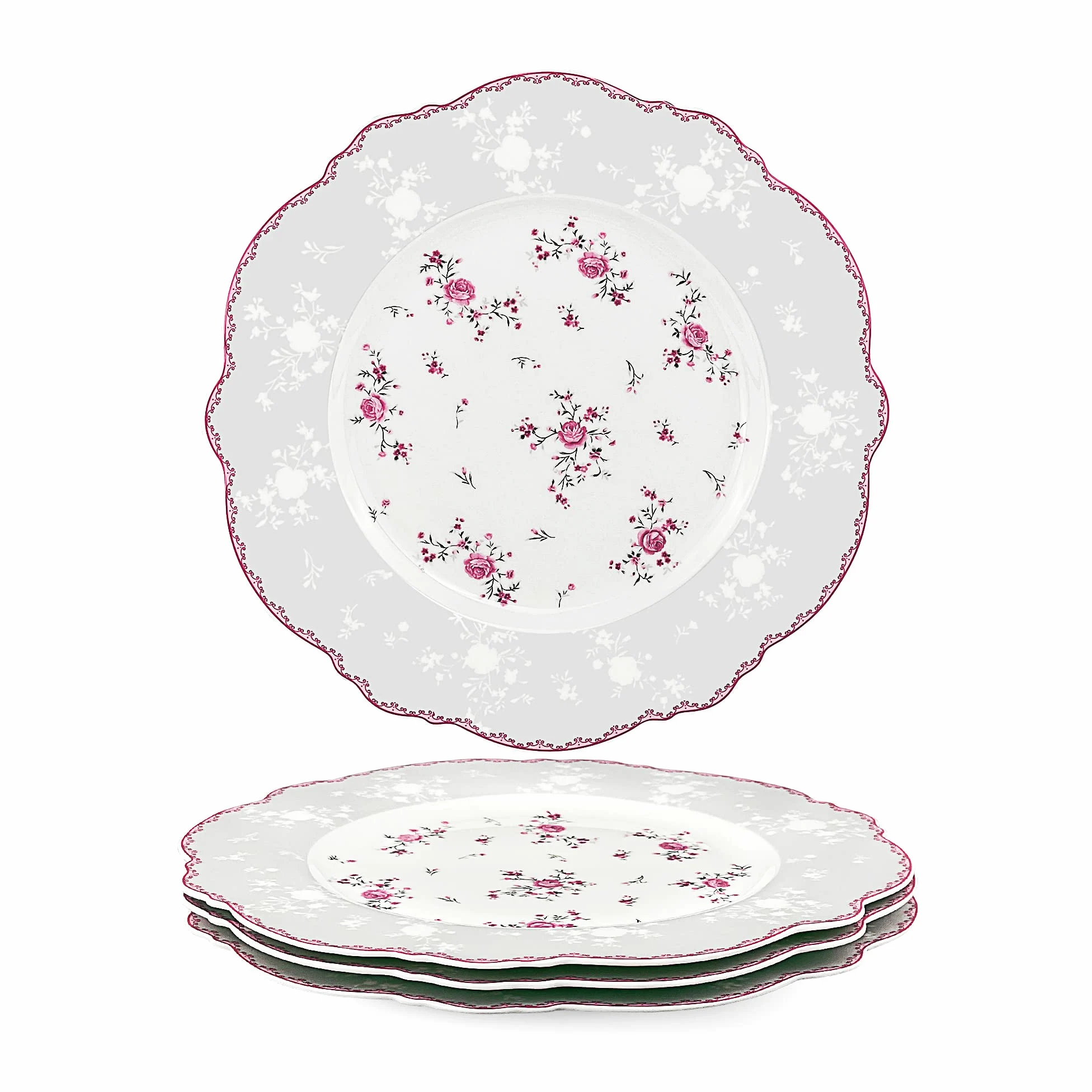 fanquare 27.5cm Assiettes Plates en Porcelaine, Grand Assiette Blanche Rose, Vintage Service de Table pour 4 Personnes