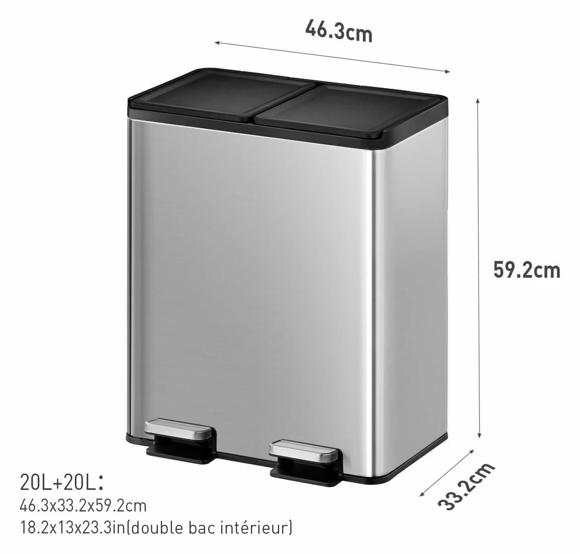EKO Poubelle Cuisine Double Tri 2 Compartiments 20L + 20L | Acier Inoxydable Anti-Traces avec Pédale | Fermeture Silencieuse | sous Évier Compact Double