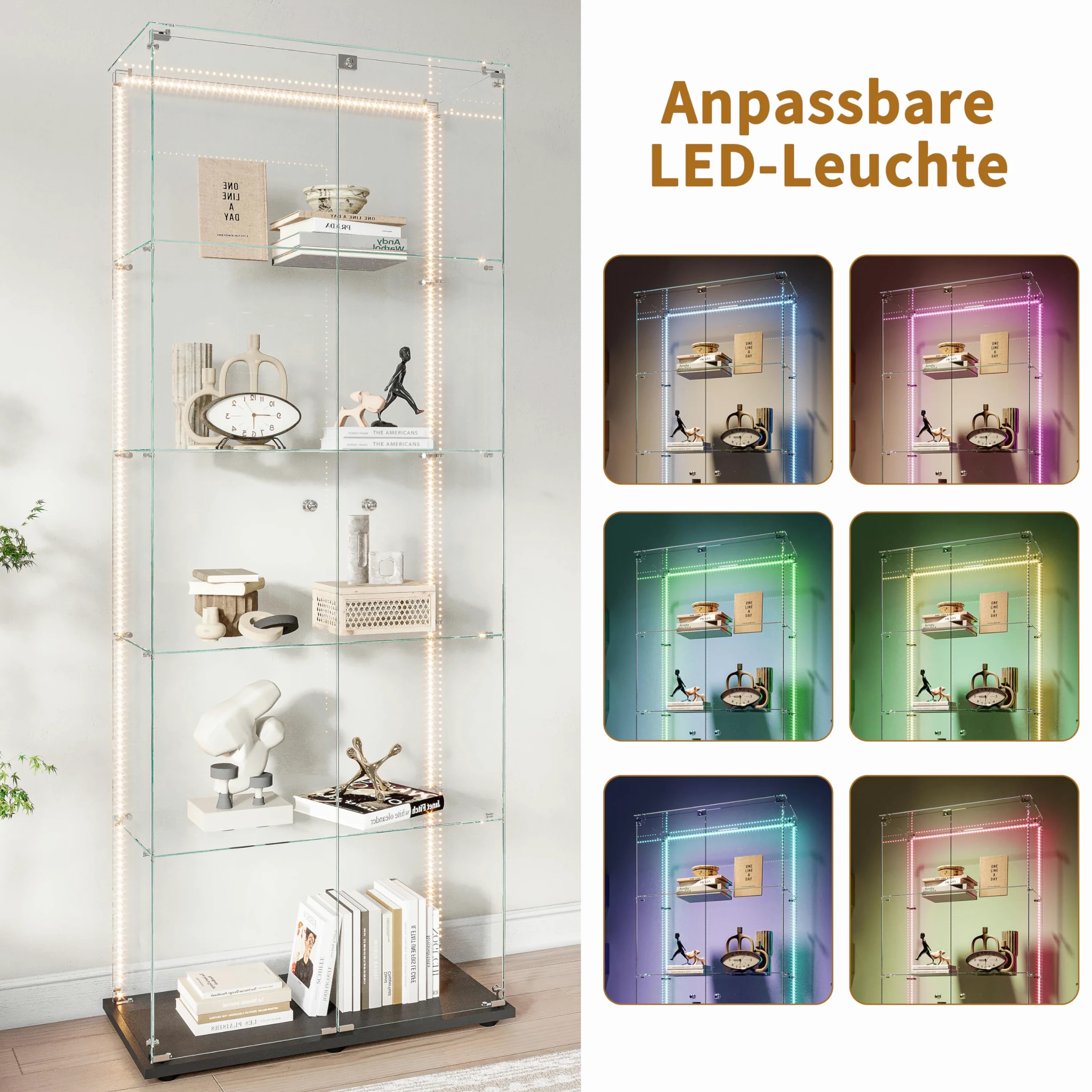 Vitrine en Verre avec LED,Armoire vitrine pour Collection avec 2 Porte 5 étagères Transparent Meuble Vitrine Verre vitrines Figurine Armoire Salon Bar (5 étages 2 Porte+LED-1, Noir)