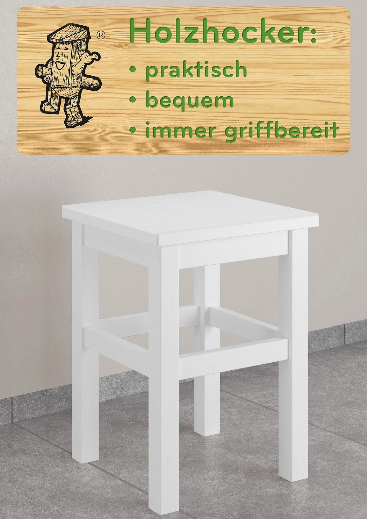 Erst-Holz Tabouret en Bois Massif sans Dossier en pin Massif Naturel ou Blanc V-90.71-41pin Blanc