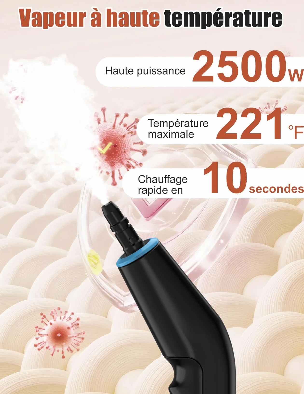 Nettoyeur à Vapeur, 2500W Nettoyeur à Vapeur Manuel Polyvalent avec 6 Vitesses Réglables et 8 Types de Buses, 1250ML Portable Haute Pression pour Maison et Voiture
