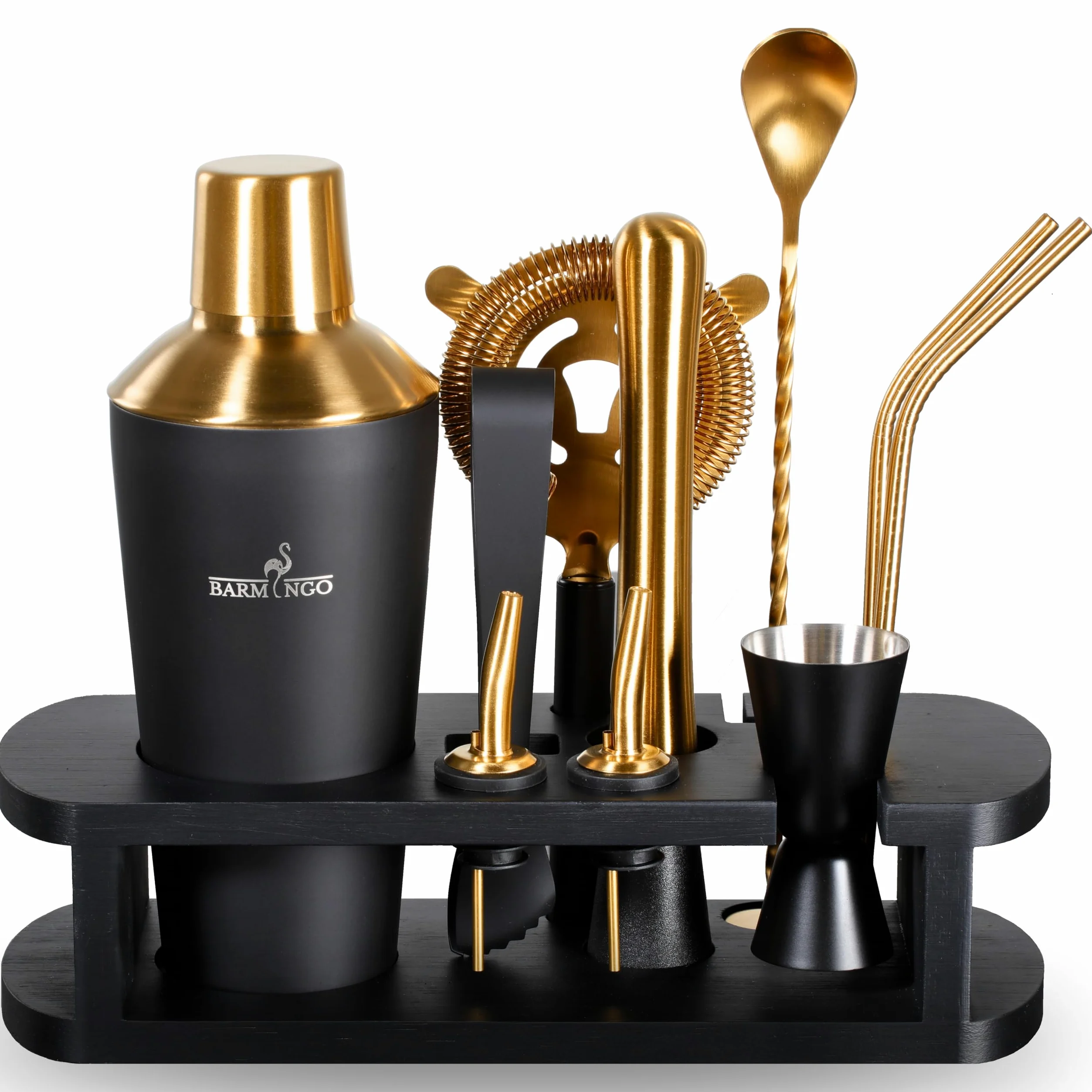 Shaker Cocktail Kit | 11 Pièces, Volume de 700 ML, Noir - Or | Shaker Cocktail INOX avec Support et Accessoires de Bar | Set Barman Cocktail Shaker | Kit Cocktail Professionnel