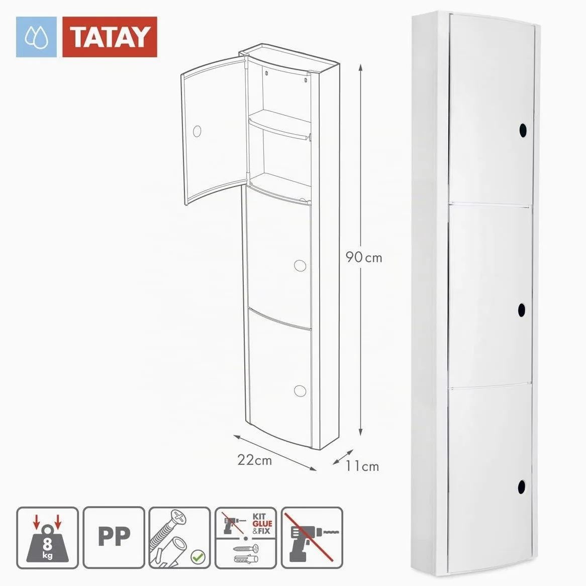 TATAY Placard Salle de Bain avec 3 Portes | Fixation avec ou sans Vis | Polypropylène | Vis Incluses | Facile à Nettoyer et à Monter | Charge jusqu'à 8 kg | Plastique Résistant | 22x11x90 cm - Blanc