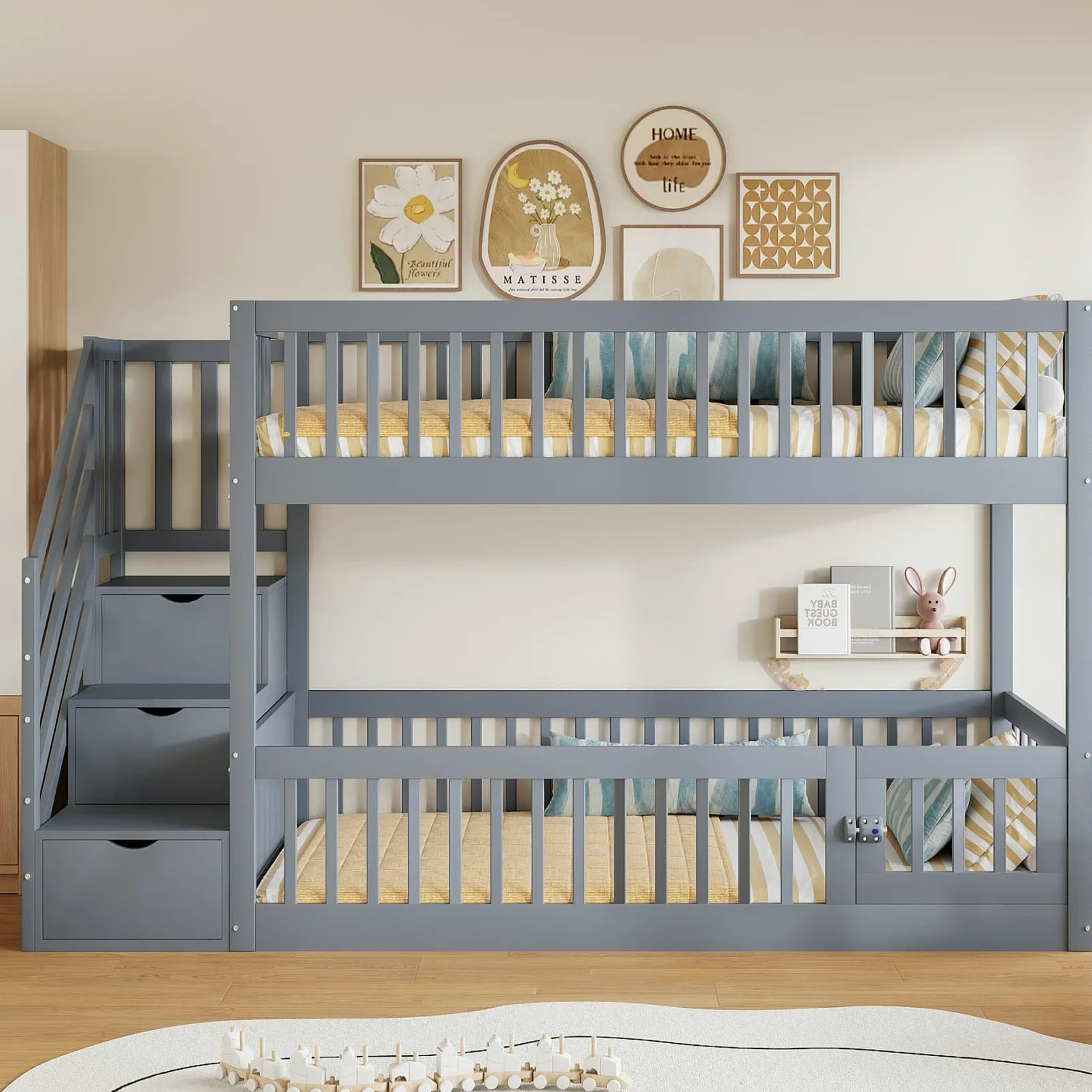 PUGSDRLY Lit Superposé Enfant 90x200cm en Bois avec échelle Rangement,Lit Mezzanine 2 Places avec Sommier à Lattes,Barrière de Sécurité Haute,pour Enfant et Adolescent,sans Matelas (Gris-90)