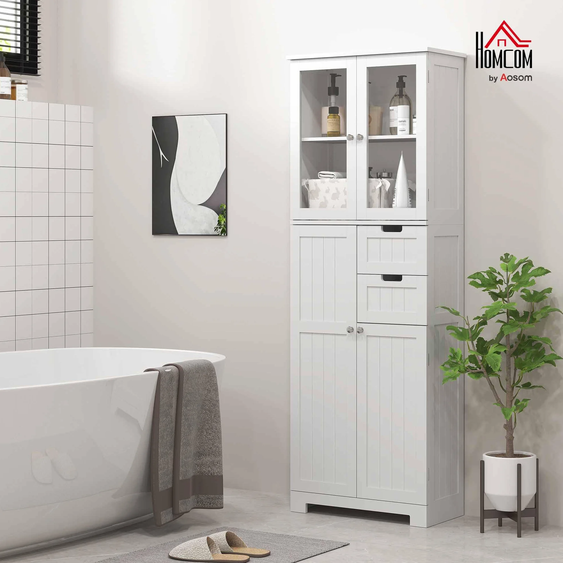 HOMCOM Meuble de Salle de Bain Haut, Meuble de Rangement, Colonne Salle de Bain avec 4 Portes Dont 2 vitrées, 2 tiroirs et étagères réglables, Style Moderne, pour Salon, Chambre, 60x30x170cm, Blanc