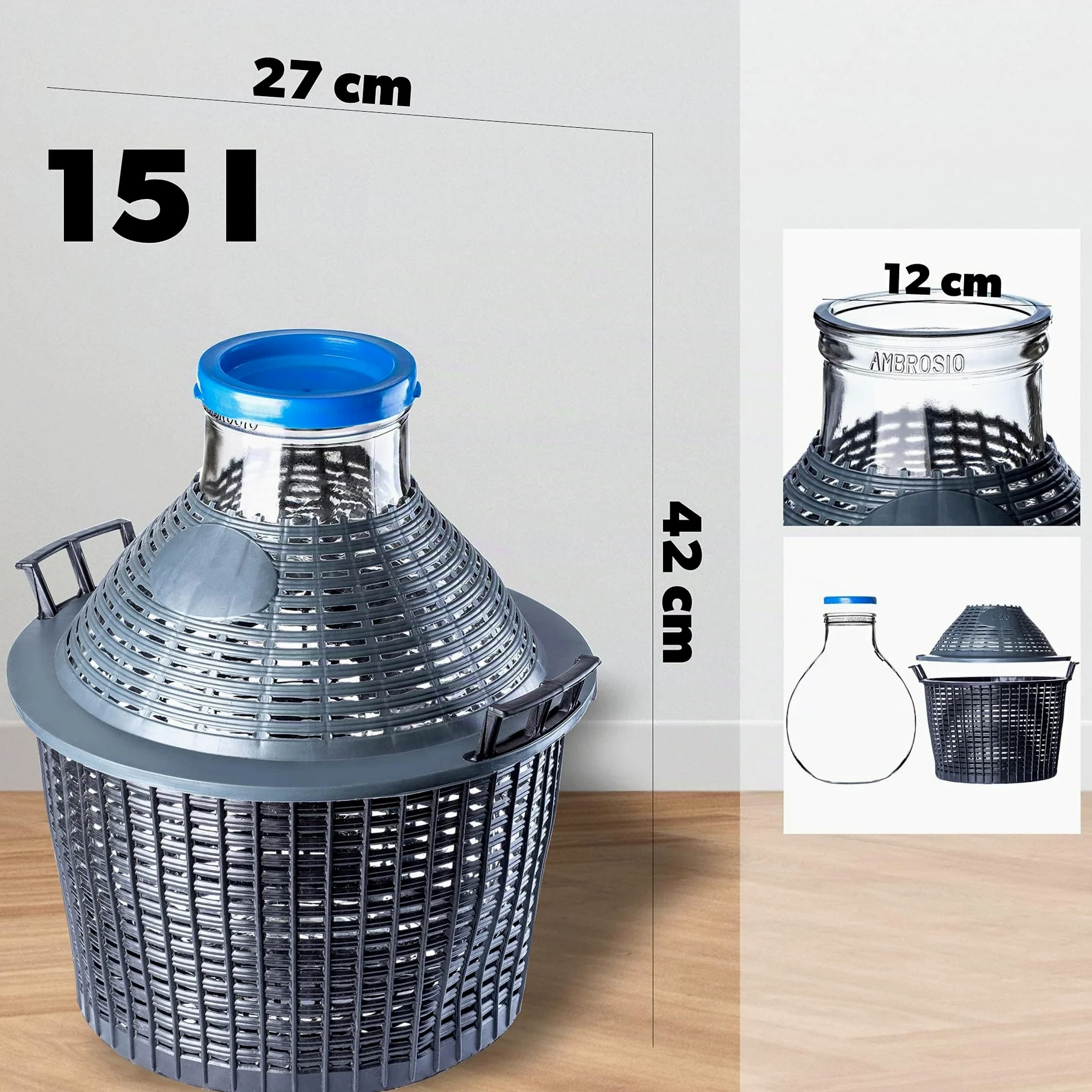 KADAX bonbonne en Verre 15L – Ballons de Fermentation à Large Ouverture avec Panier pour vin, bière & cidre
