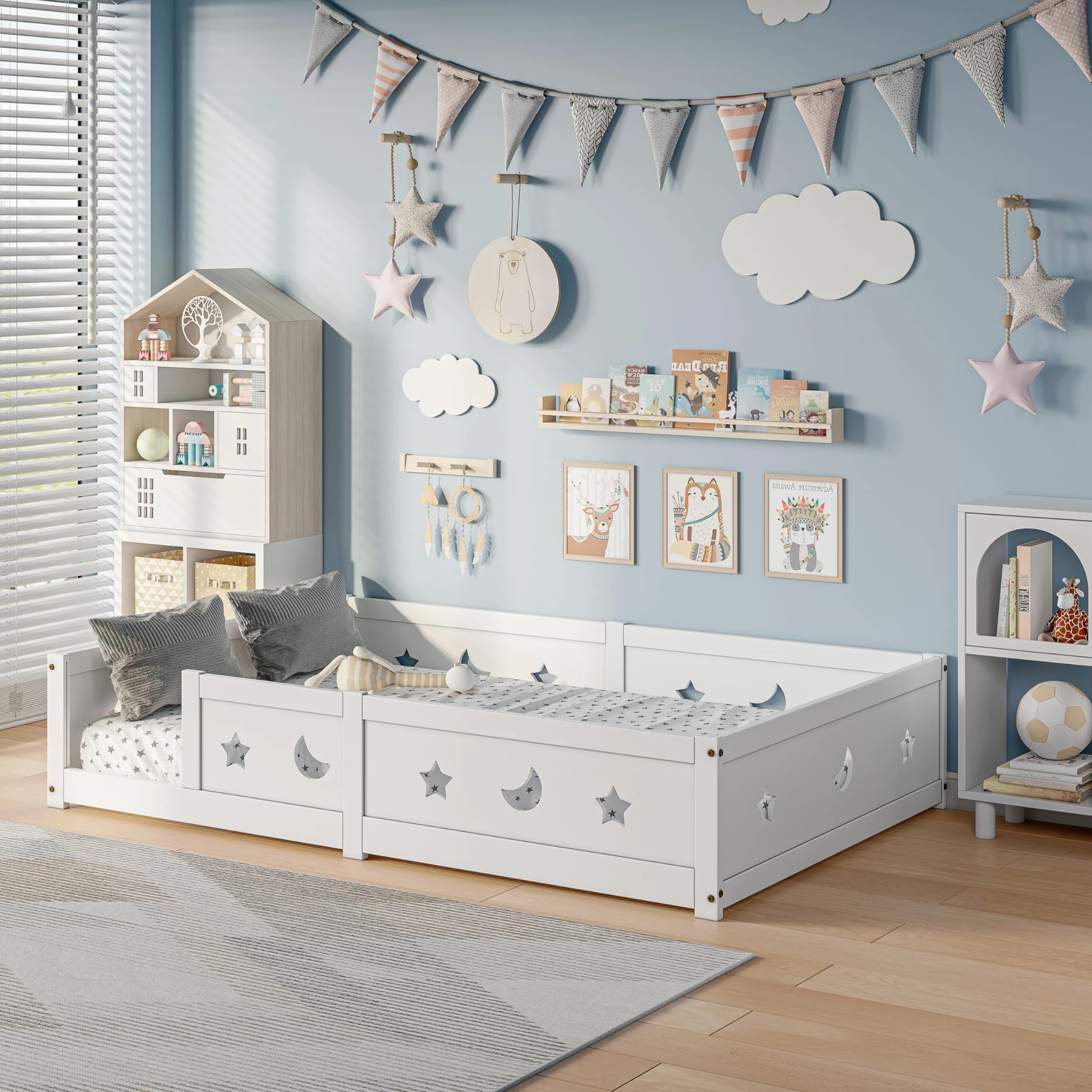 Lit pour Enfant 90x200 cm,lit au Sol Enfant en Bois Naturel avec Protection Contre Les Chutes,Lits Enfant 90x200 avec Étoiles et Lune, Lit Montessori en Panneau de Particules, Blanc