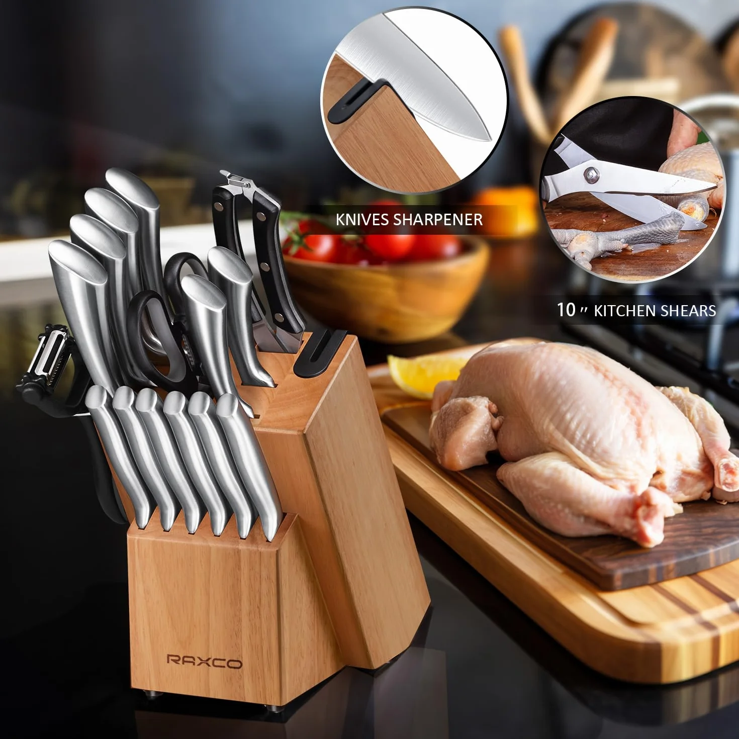 RAXCO Bloc à couteaux, Set de 18 couteaux de cuisine en acier inoxydable - Set de couteaux à steak, Sets de couteaux de cuisine professionnels avec bloc et aiguiseur (Oak)