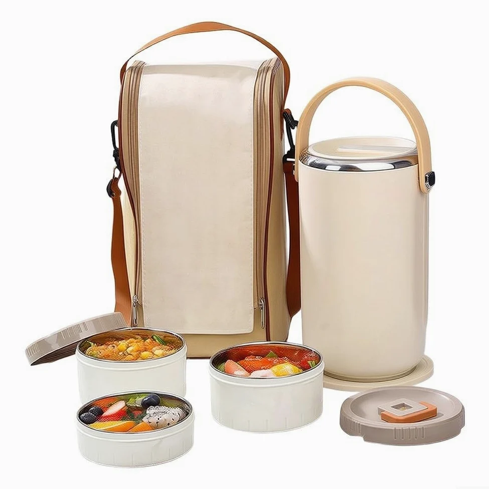 Boîte Repas 3 Niveaux Isotherme Étanche Boîte Repas 3 Niveaux(White) | Isolation pour vide double paroi, 6h froid 8h chaud, 3 niveaux séparés, isotherme offert, pour idéal bureau