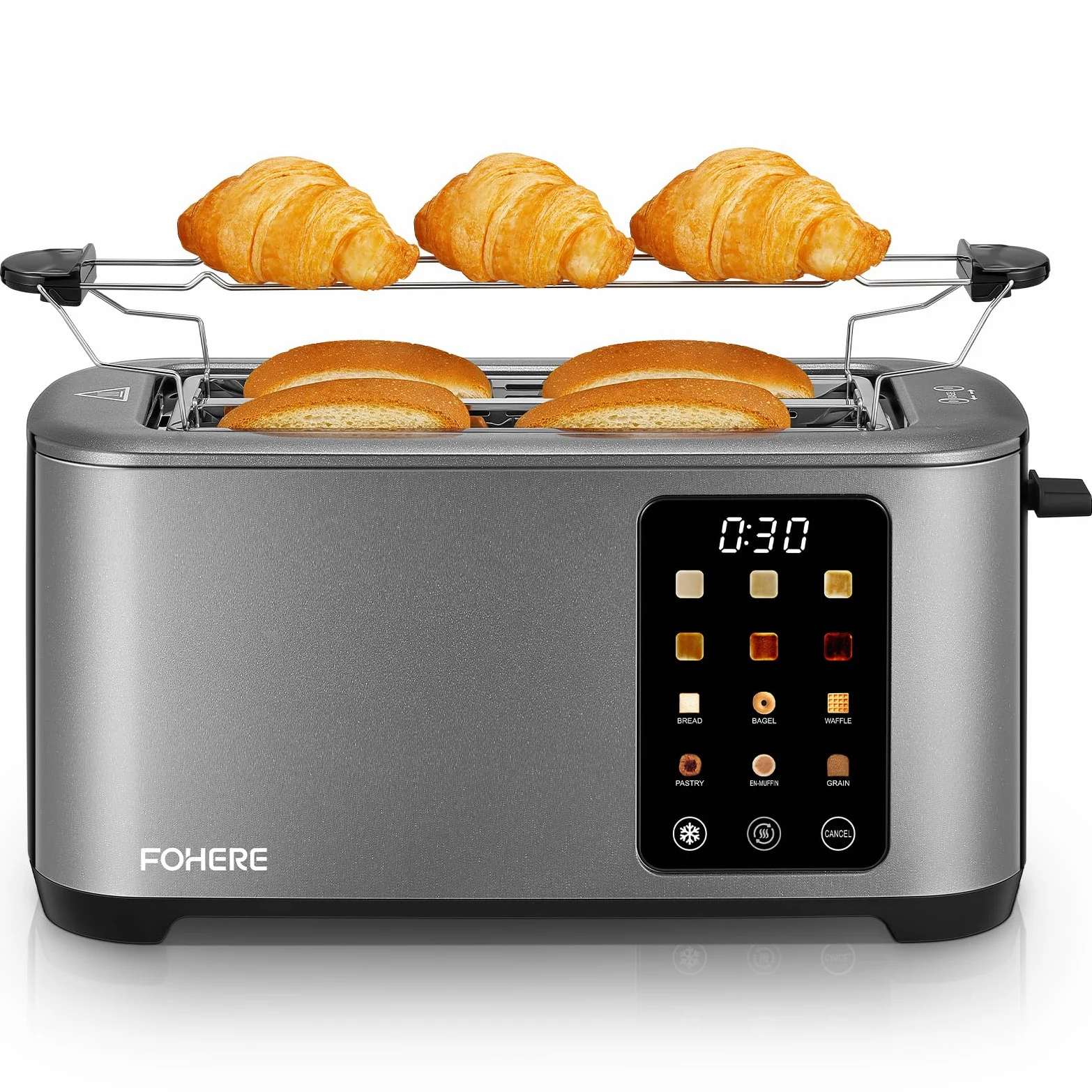Grille Pain 4 Tranches, Longue Fente Toaster avec écran Tactile, 9 Niveaux de Dorage, 3 Types de Pain, Inox Grille Pain, Tiroir Ramasse Miettes Amovible, D'annulation/Décongélation/Réchauffage, Gris