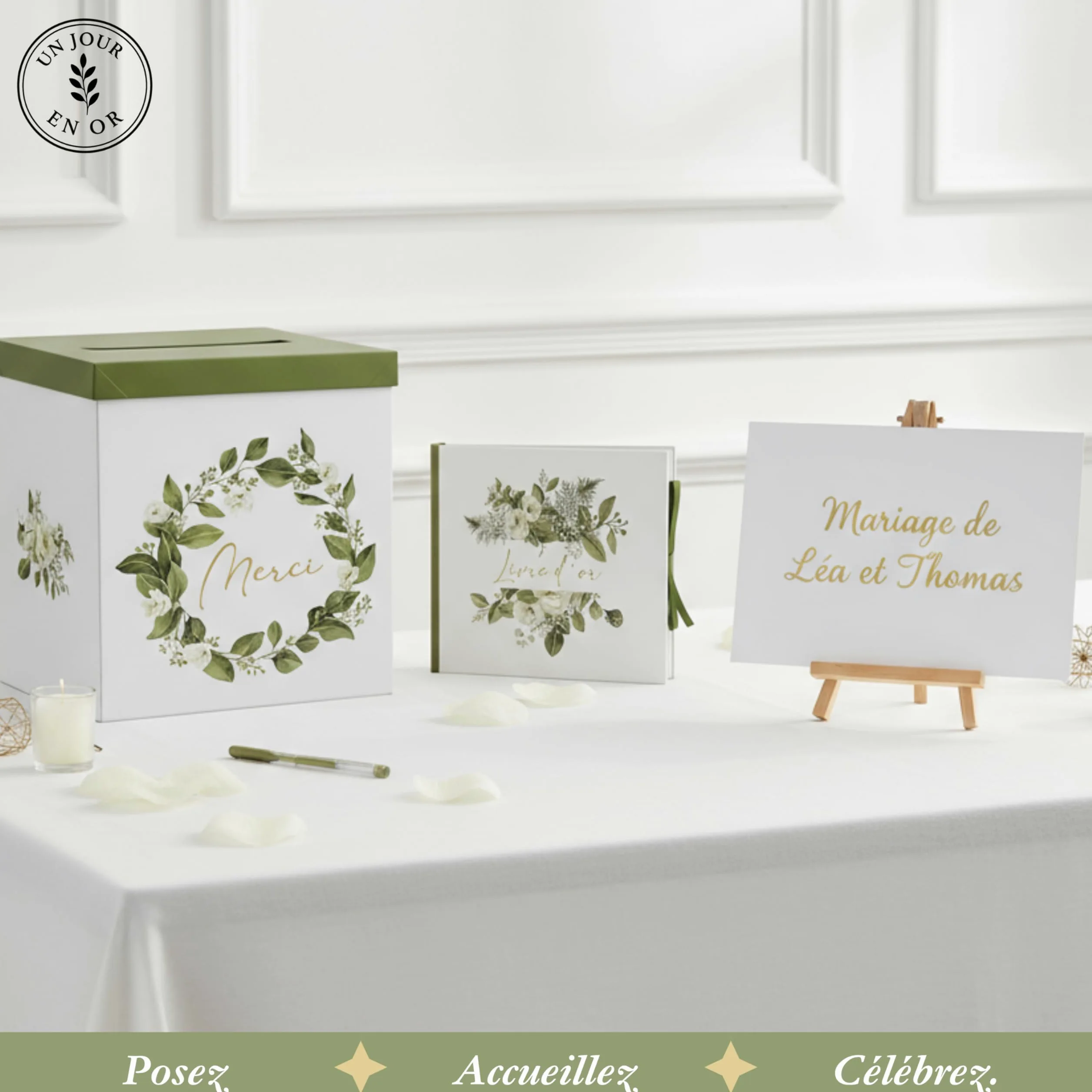 Pack Signature Vert et Or : 4 éléments (Urne Merci, Livre d’or, Stylo encre doré, Chevalet en bois) pour mariage, baptême, anniversaire, départ en retraite et toutes célébrations