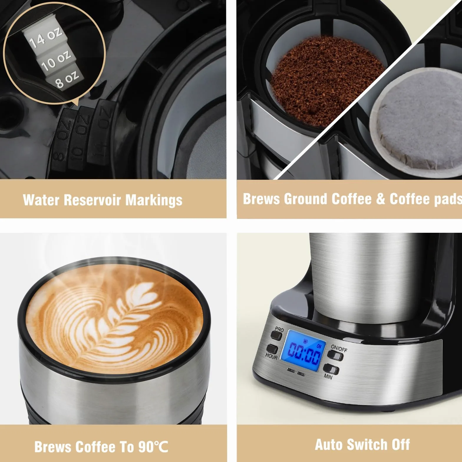 Aigostar - Cafetière Filtre avec 1 tasse isotherme Programmable 24h, Affichage LCD, Machine à café avec Gobelet de voyage de 420 ml et filtre à café réutilisable, 700W, Noir