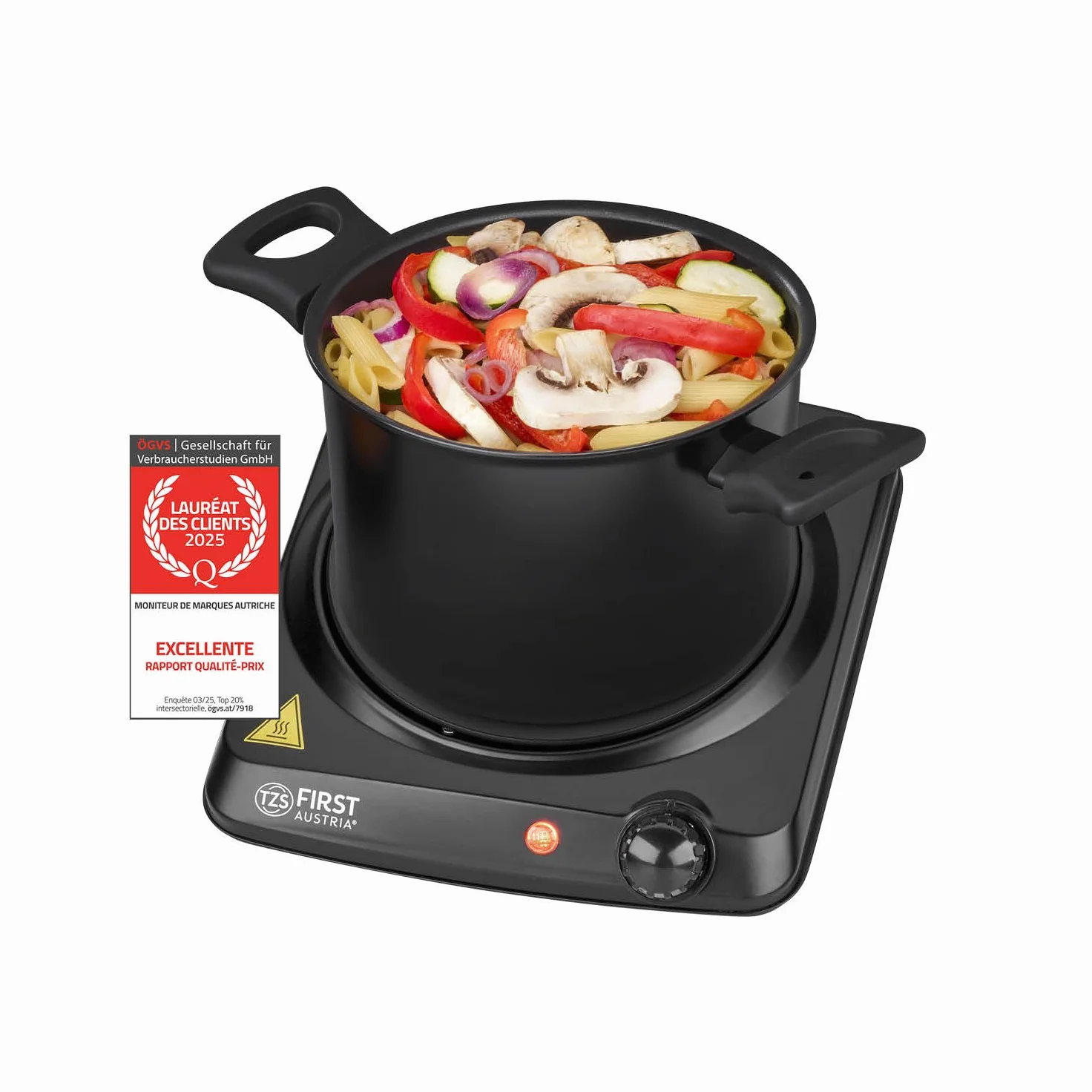 TZS First Austria - Plaque infrarouge 1200W - Ø 175 mm - Réchaud portable avec protection antisurchauffe & thermostat réglable - Plaque vitrocéramique pour tous types de casseroles