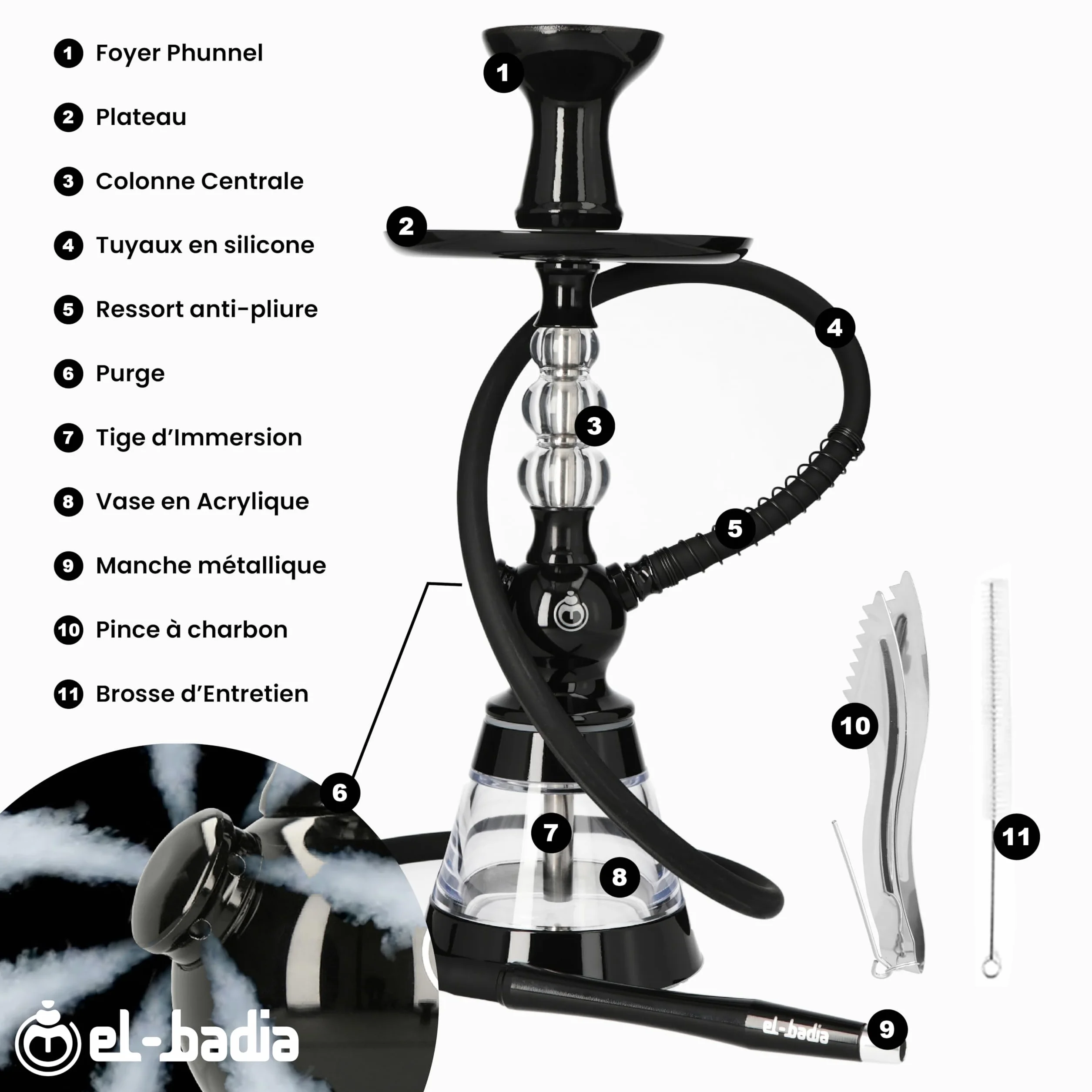 Chicha EL-BADIA® CELESTE – 45 cm – Chicha Légère avec Vase Acrylique, Tuyau Silicone, Manche Métal & Foyer Phunnel – Design Iconique et Couleurs Tendance (Deep Black)