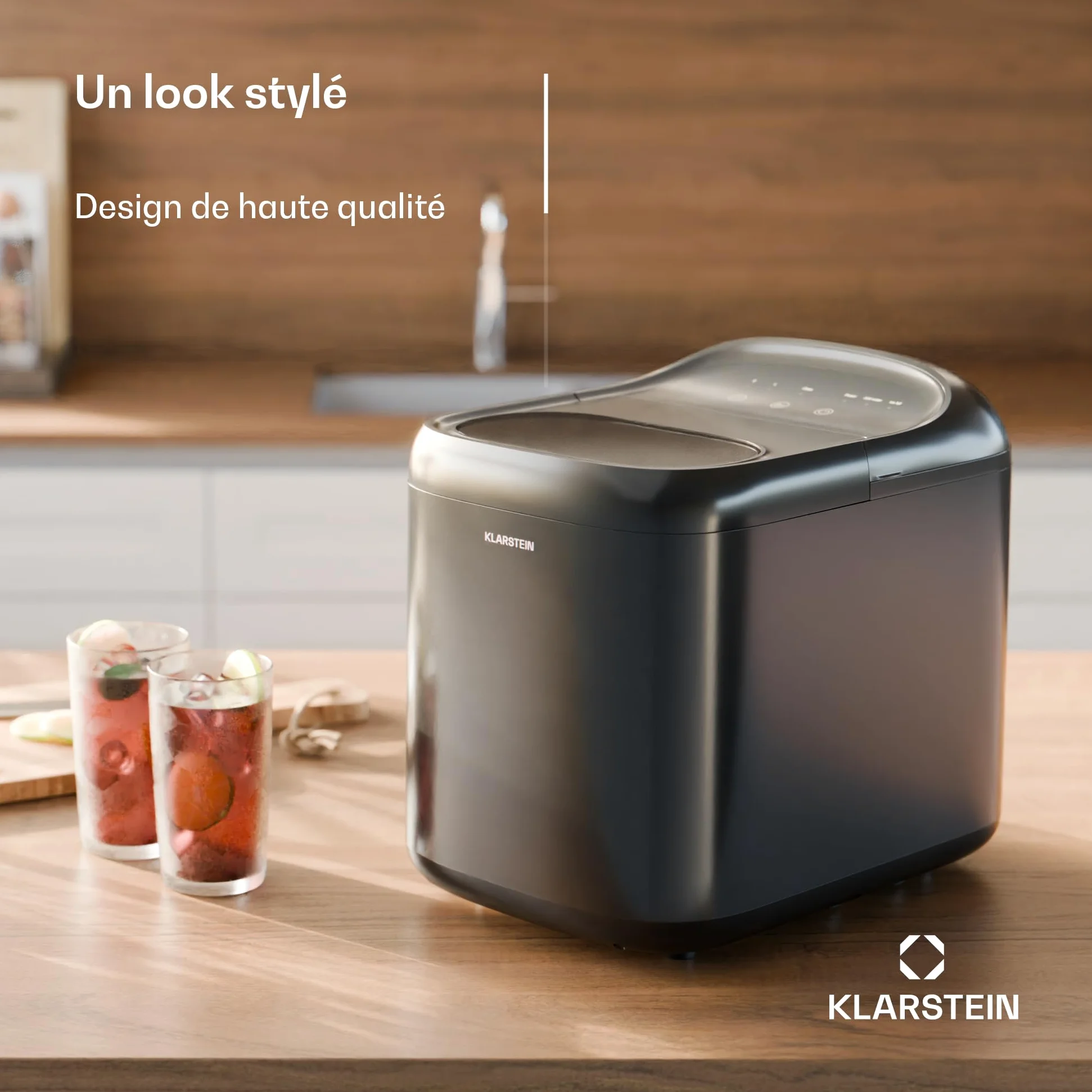 Klarstein SparkIce machine à glaçons - 15 kg/24 h, 6 min, 2 tailles, nettoyage auto, tactile, pelle incluse, à glaçons maison, petite machine, noir