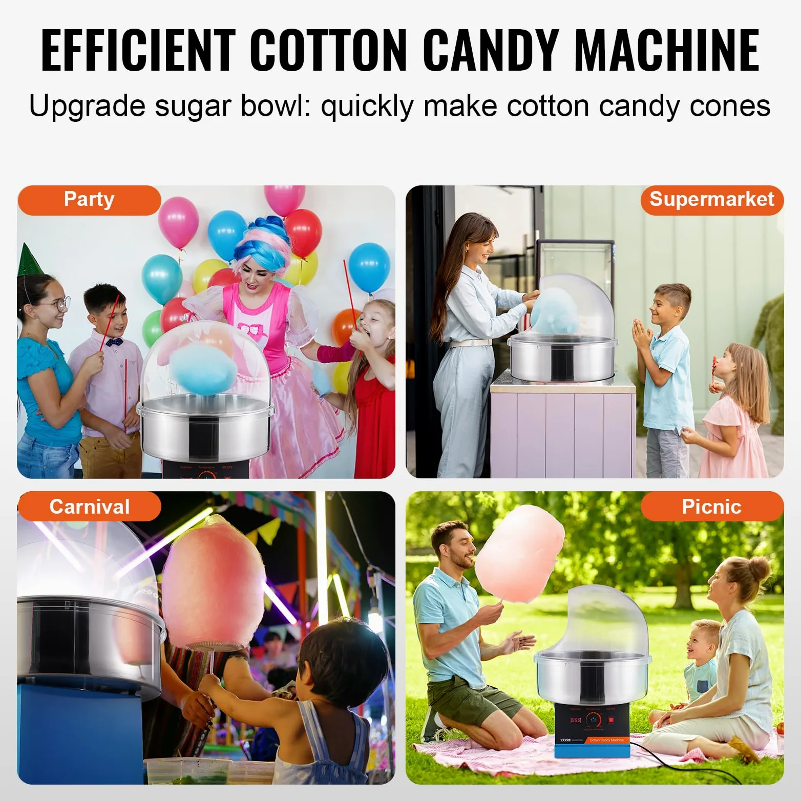 VEVOR Machine à Barbe à Papa Électrique 1000 W, Appareil à Barbe à Papa Commercial avec Couvercle Bleu, Bol en Acier Inoxydable, Cuillère à Sucre, Parfait pour Faire Bonbons Fêtes Anniversaires
