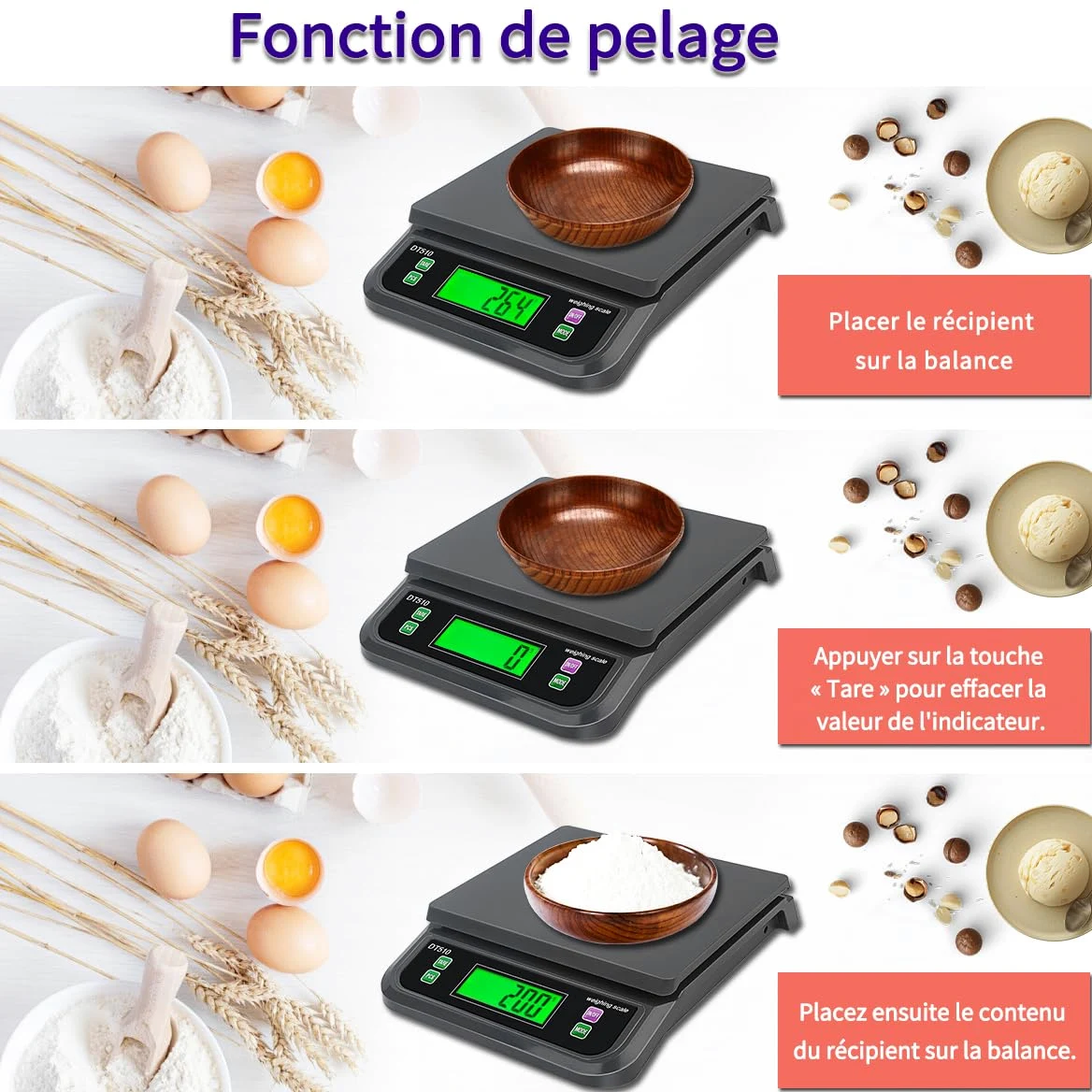 Balance de Cuisine, 30kg/1g pèse Aliment Cuisine Precis, avec PCS et Tare Fonction Professionnelle Balance Cuisine Boulangerie, 6 Unités g,oz,LB,kg,TL,CT avec Écran LCD Électronique Balances