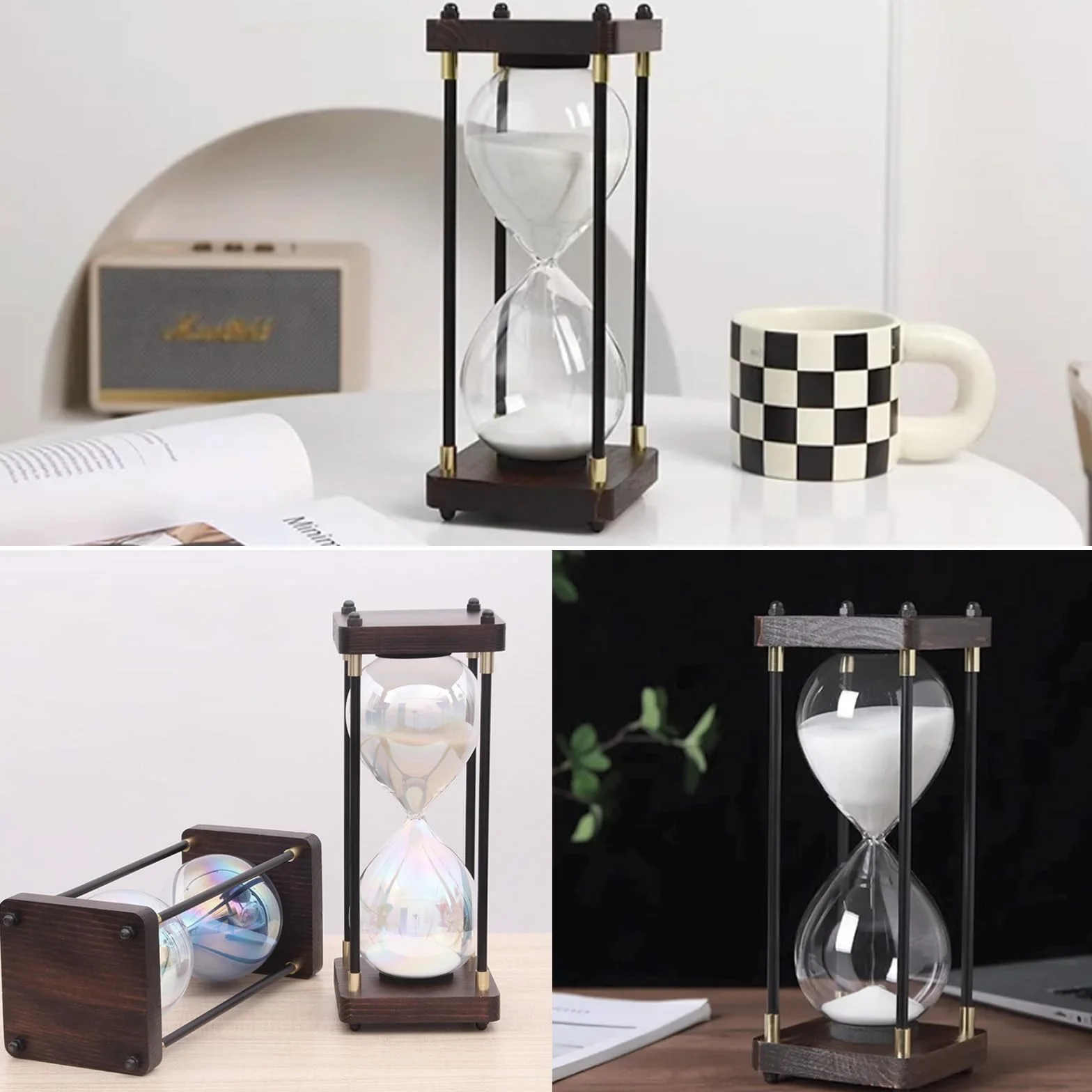 Grand sablier 60 minutes, sablier en bois, décoration en verre arc-en-ciel, cadeau pour la maison, le bureau, la décoration de mariage (blanc)