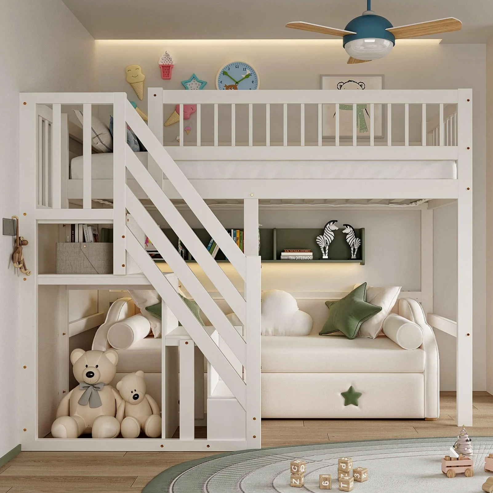 PUGSDRLY Lit Mezzanine 1 Place,Lit Mezzanine Enfant 90x200cm avec Escalier de Rangement et Petite Armoire,pour Adolescent,Design de Clôture Haute,Cadre de Bois Massif (Blanc-A, 90x200)
