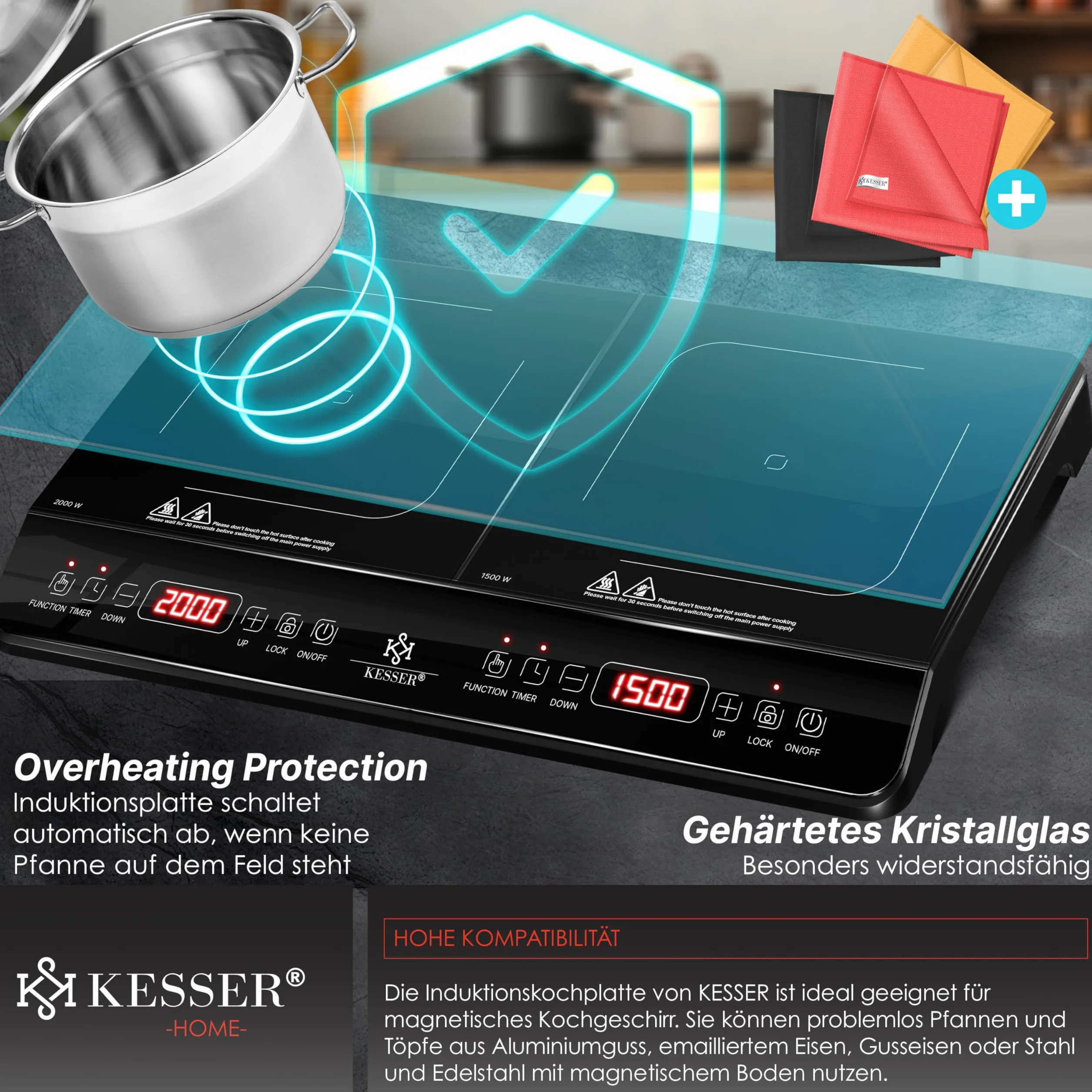 KESSER Plaque de cuisson à induction, 2 plaques, 3500 W, plaque de cuisson portable de 57 cm, 3 chiffons en microfibre + 1 livre de cuisine, 8 niveaux de chauffage, minuterie de 4 heures, contrôle