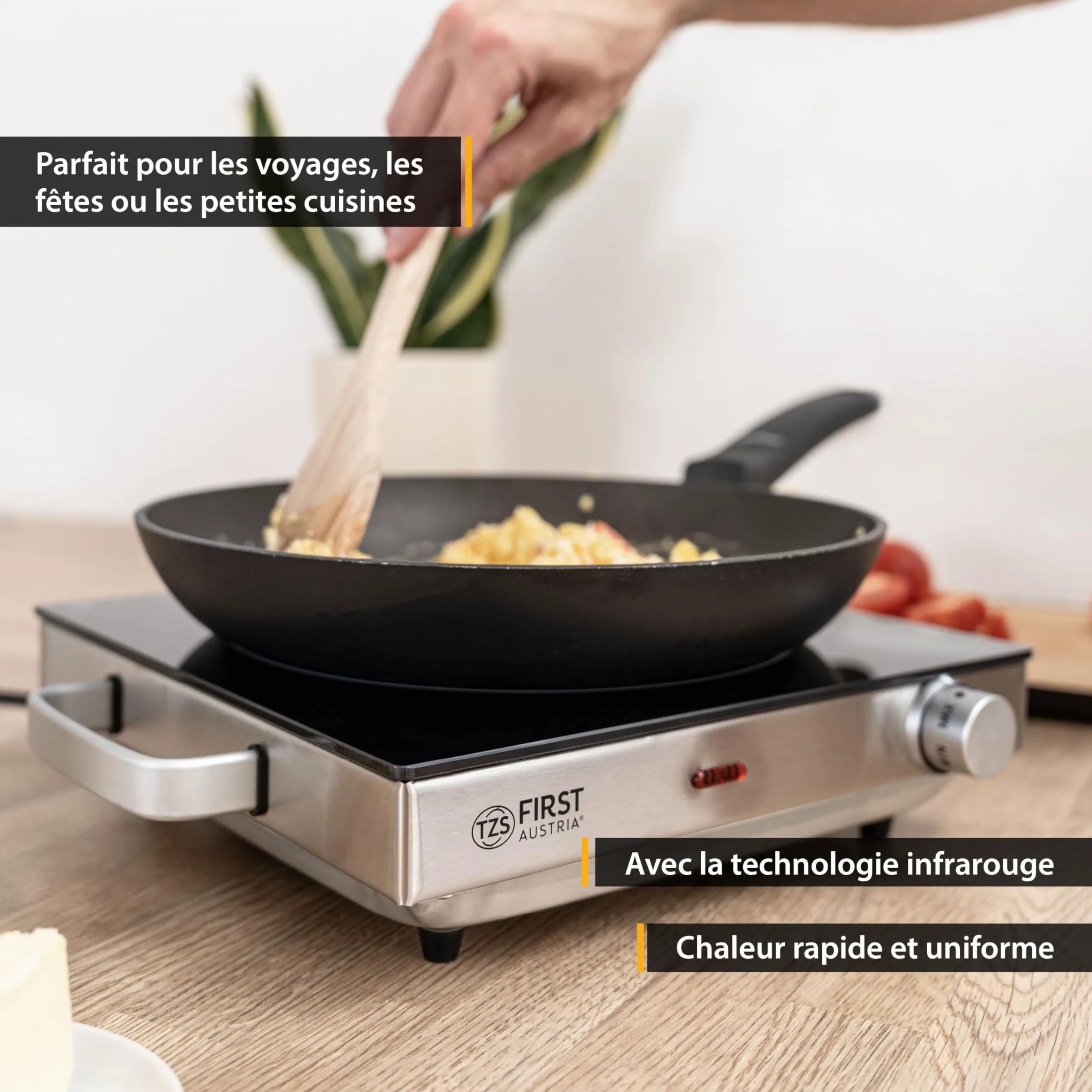 TZS First Austria - Plaque infrarouge - Ø 175 mm - Réchaud portable avec protection antisurchauffe, poignées & thermostat réglable - Vitrocéramique pour tous types de casseroles