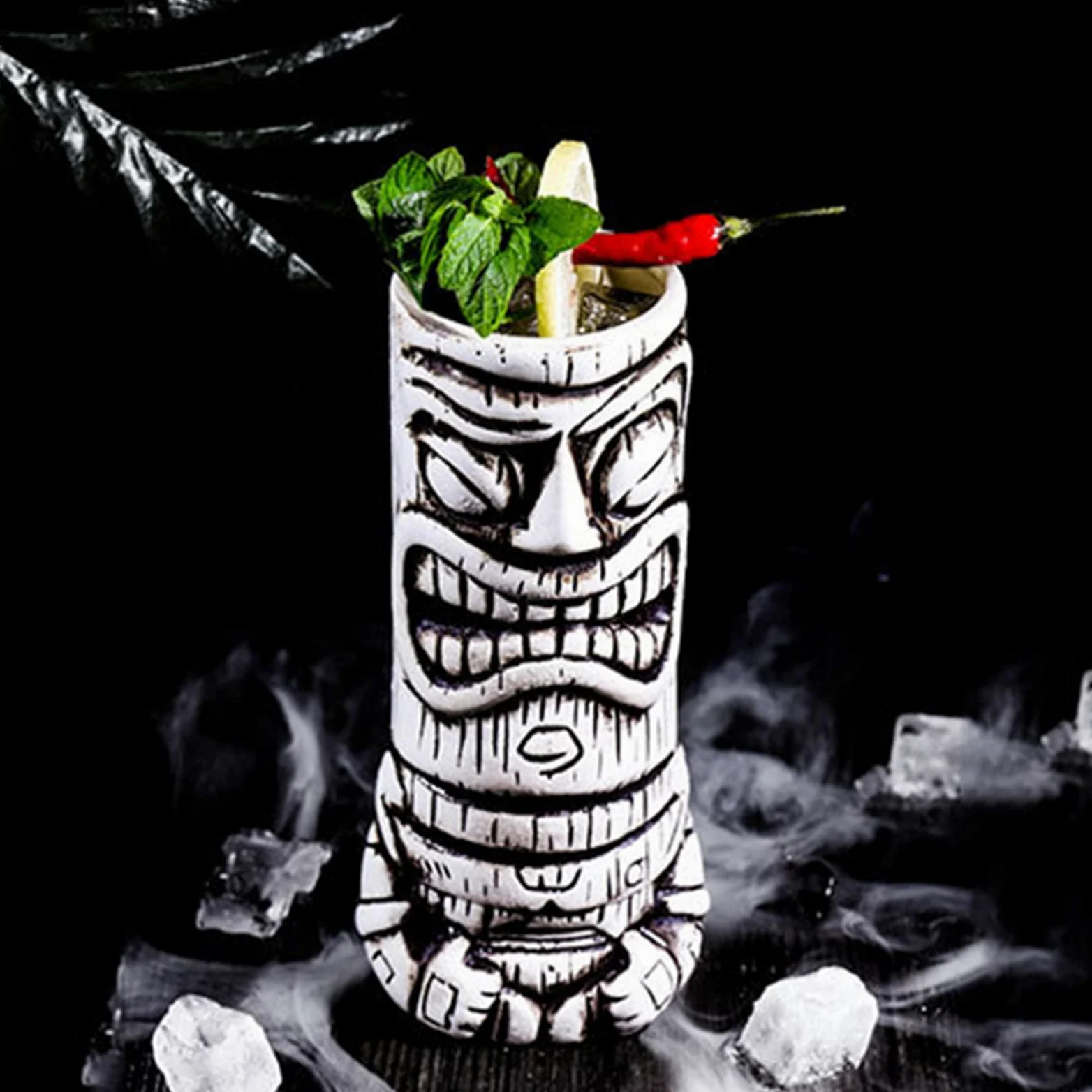 tiki Cocktails Tiki Mugs Ensemble de 4 Tasses à Cocktail en Céramique Verres à Cocktail Exotiques Tiki Bar Professionnel Hawaiian Party Barware tiki mug reutilisable,Beige