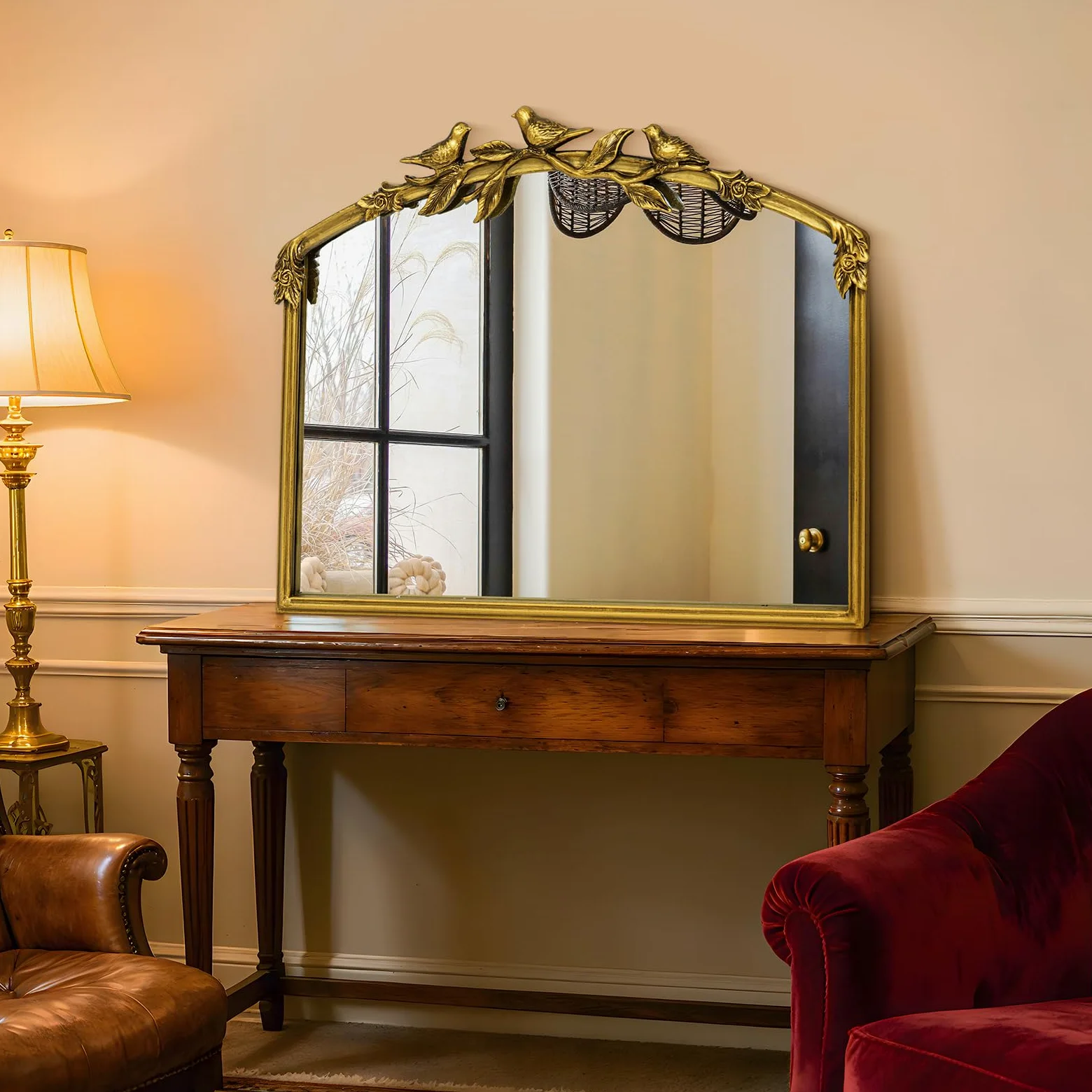Miroir Baroque doré Antique 80 x 60(H) cm – Cadre Vintage en Fonte avec Fleurs en résine sculptées à la Main, Miroir Mural incassable pour Salle de Bain, Salon et Chambre à Coucher