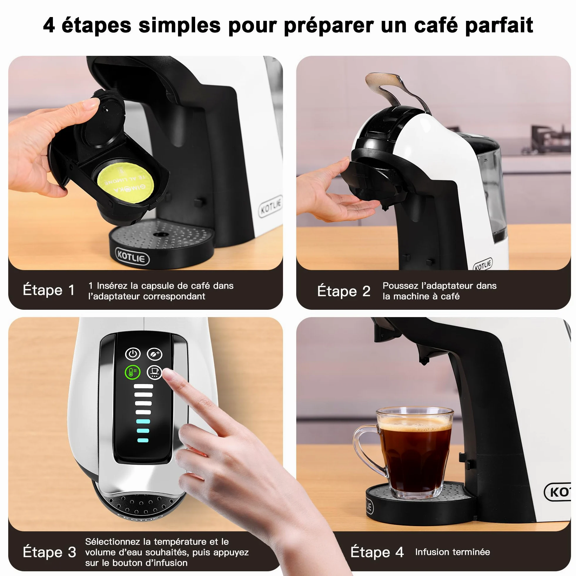 KOTLIE EM-308B Machine à café à capsules NES/DG/MIO/ESE et café moulu, réservoir d'eau de 1 litre, 3 températures d'infusion, idéale pour la cuisine, l'appartement et le bureau