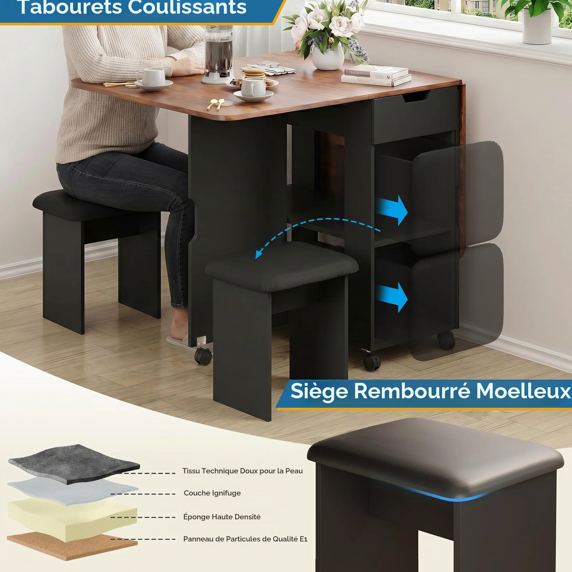 Mondeer Ensemble Table à Manger Pliable 140 cm avec 4 Chaises Rembourrés, Ensemble Table avec 2 Tiroirs et 2 Etagères de Rangement, pour Petits Espaces Cuisine Salle à Manger (Marron et Noir)