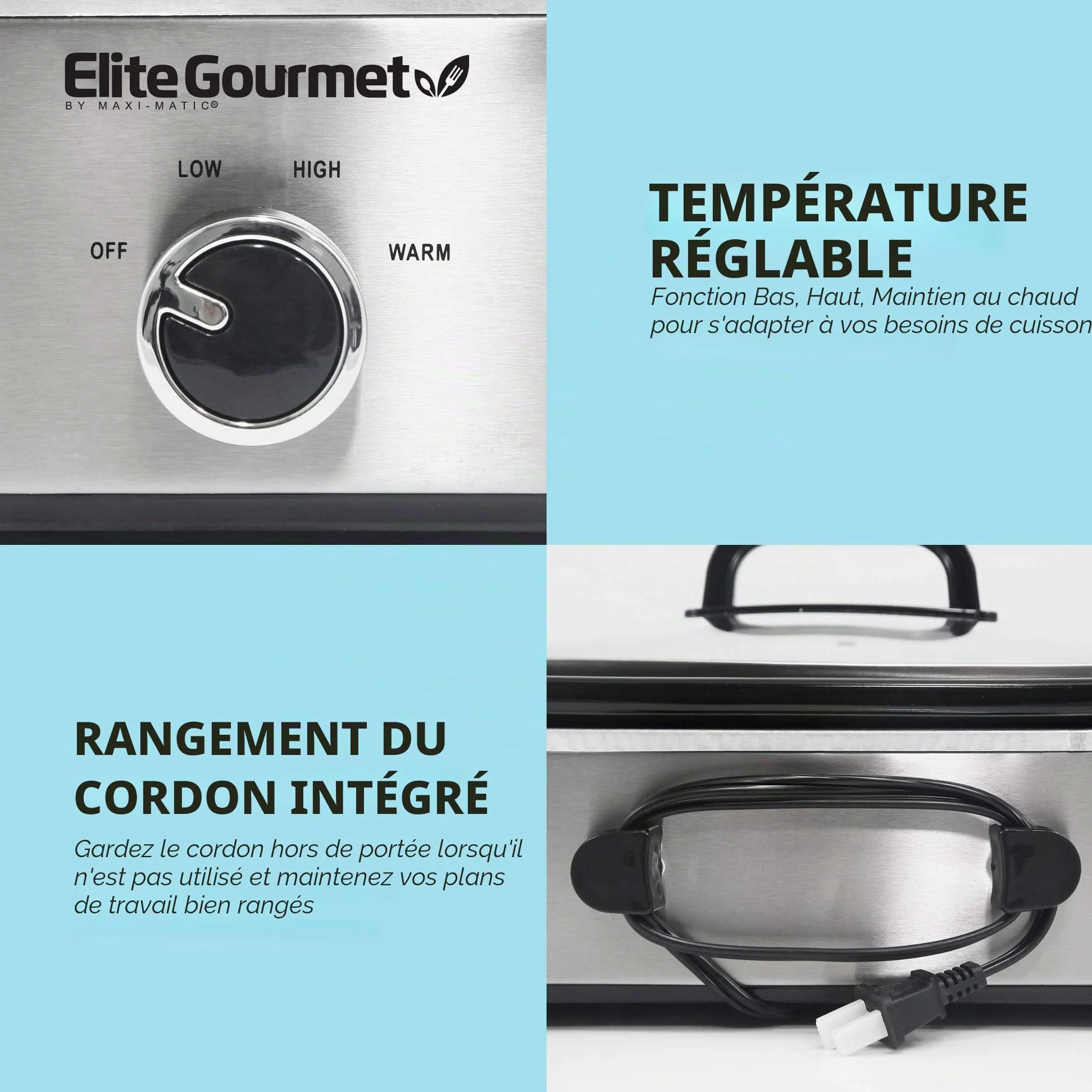 Elite Gourmet MST-5240SS Mijoteuse avec couvercle verrouillable, température réglable, fonction de maintien de la chaleur, passe au four et au lave-vaisselle, contenance 3,3 L, acier inoxydable