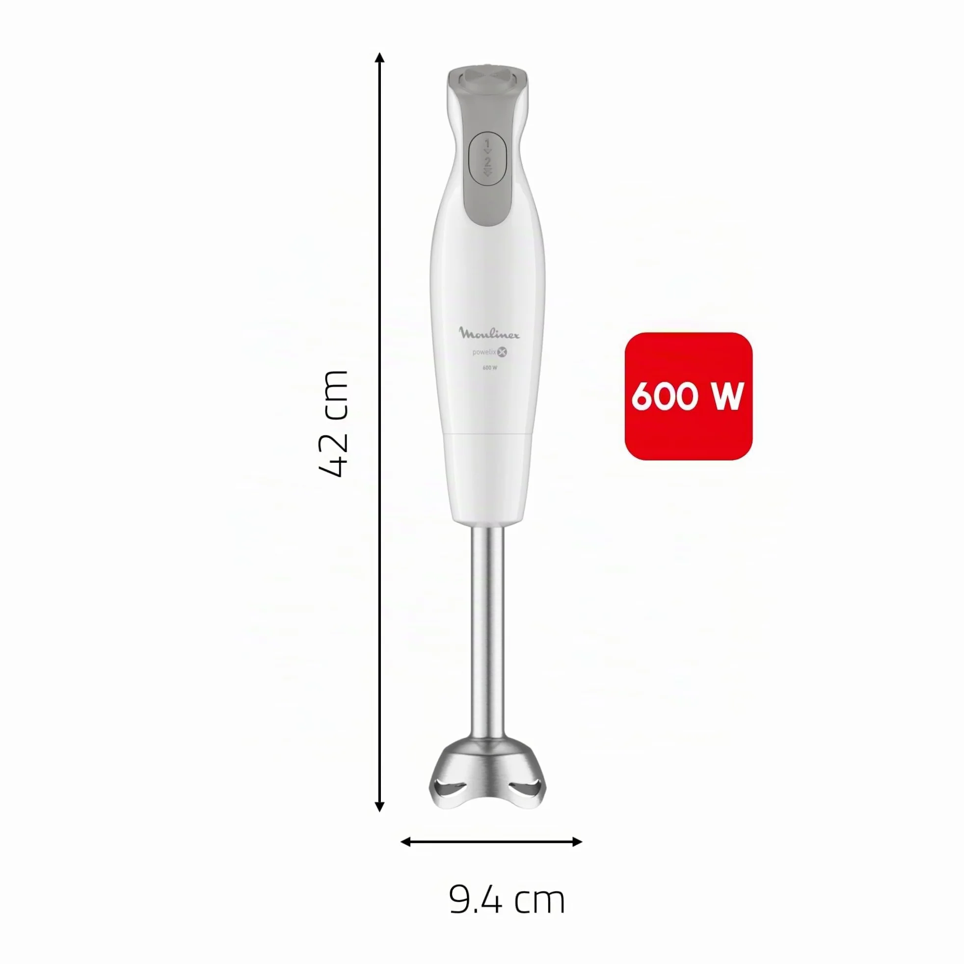 Moulinex Mixeur plongeant, 600 W, 2 vitesses, Poignée ergonomique, Pied antiéclaboussures inox, Compatible lave-vaisselle, 4 lames technologie Powelix, Daily Chef Blanc DD551110