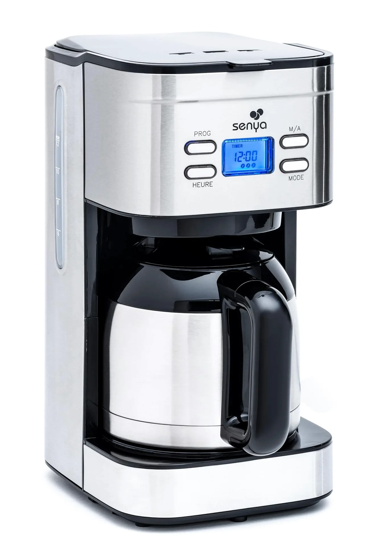 Senya cafetière électrique programmable Inox Hot Coffee, verseuse isotherme en acier inoxydable, fonction sélecteur d’arôme, maintien au chaud, 1,2L, 800W, SYBF-CM025