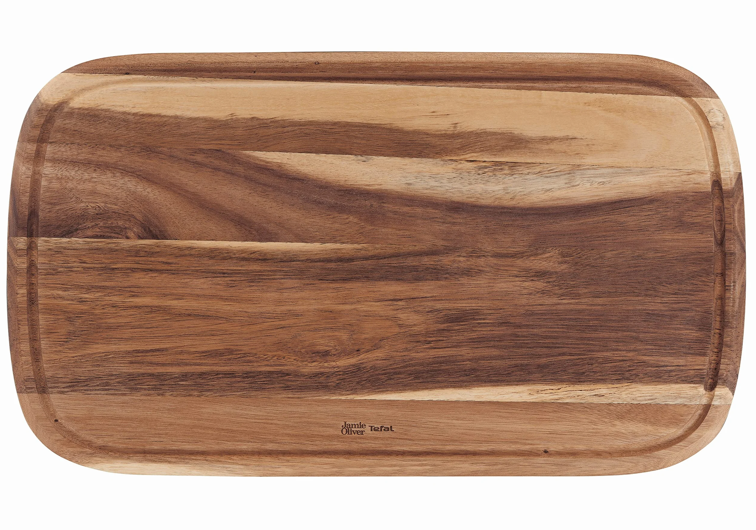 Tefal Jamie Oliver K2681055 Planche à découper en bois d'acacia certifié FSC avec rainure pratique pour couper les aliments et servir Marron Taille L 49 x 28 x 2,5 cm