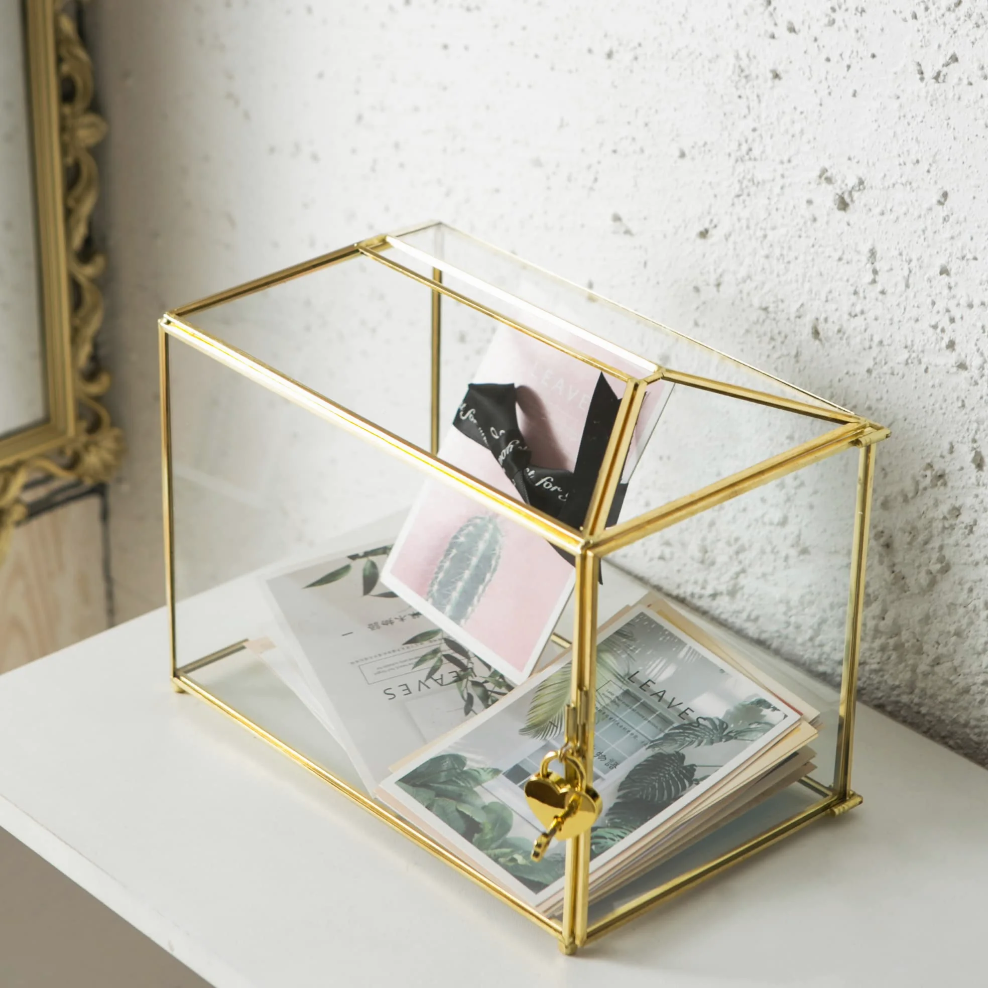 Grande boîte à cartes de mariage en verre transparent avec fente - 25,9 cm - En laiton doré - Avec serrure - Pour réceptions de mariage, fête prénatale, fête d'anniversaire