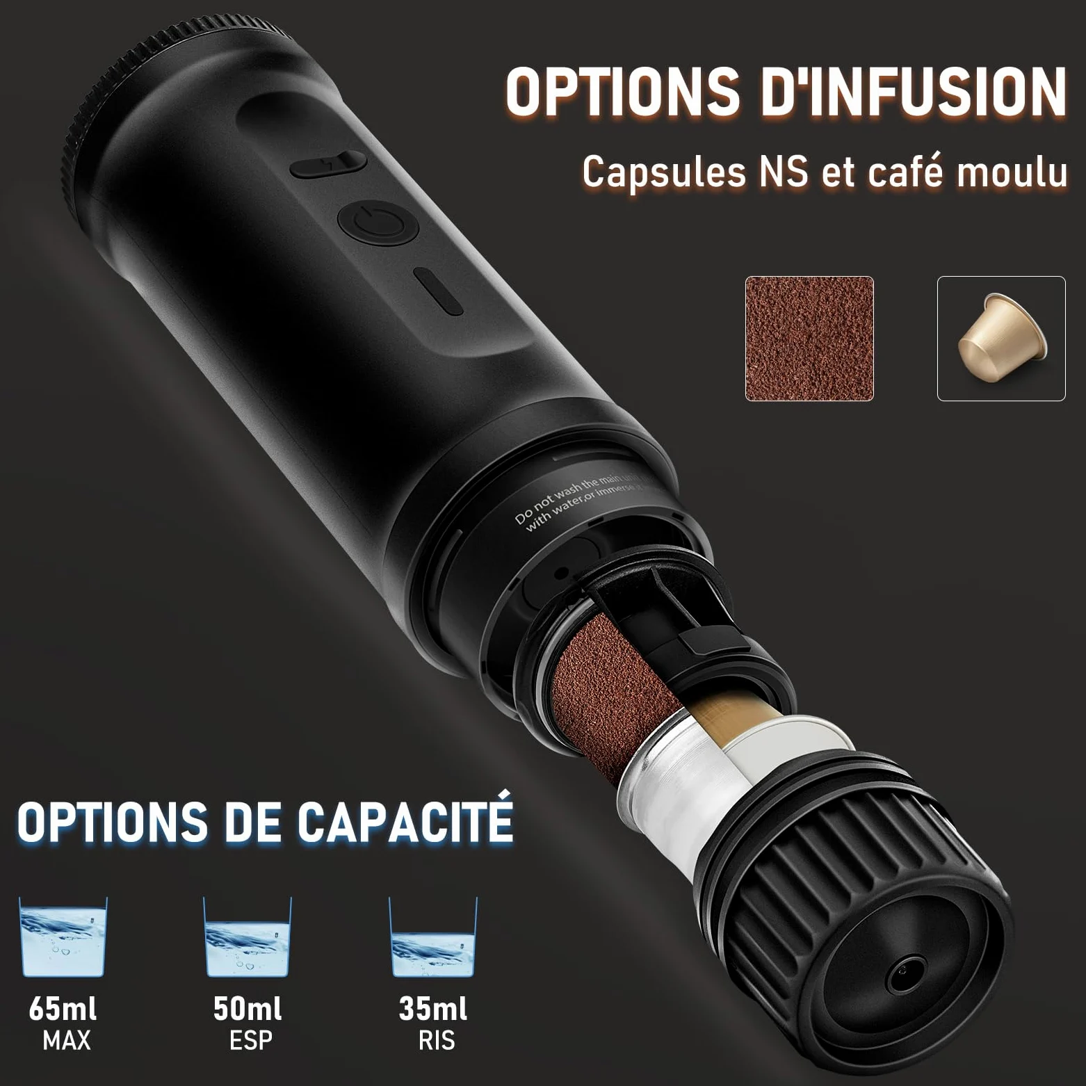 ICARE Machine à Café Portable, Cafetière Portable 2 en 1 pour Capsules NS et Café Moulu, Auto-Chauffante, Recharge USB-C, Indicateur de Batterie, pour Camping, Randonnée, Voyages, Camping-cars (Noir)