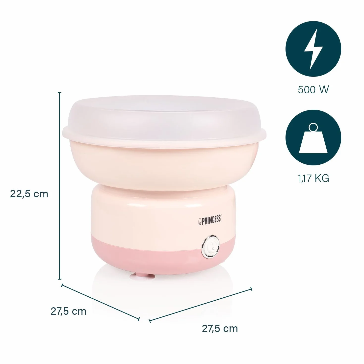 Princess Machine à Barbe à Papa, 500W, Design Compact, Pièces Lavables au Lave-Vaisselle, Inclus Bâtonnets et Cuillère, Sans BPA, Pieds Antidérapants, Facile à Utiliser, 292990