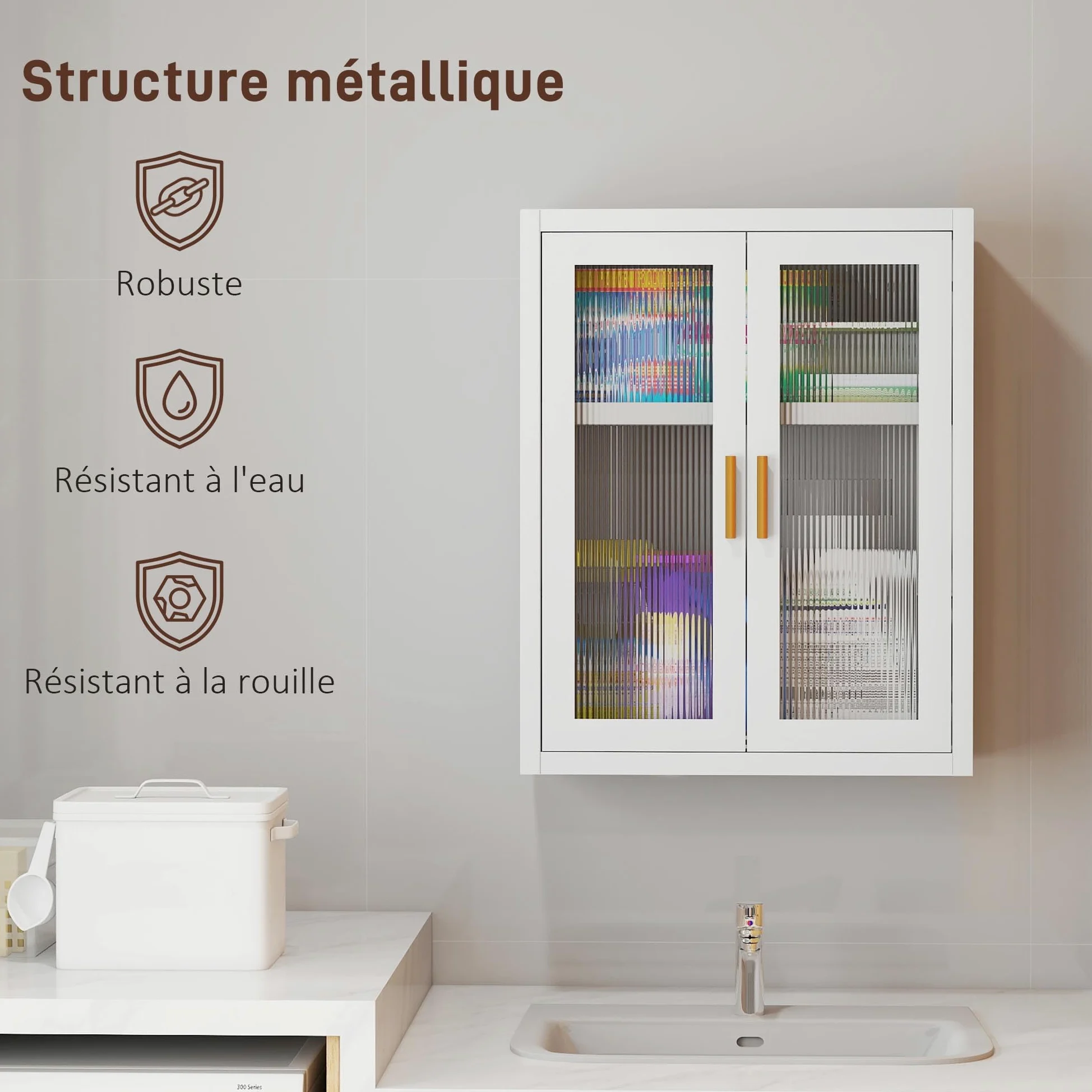 HOMCOM Armoire Murale de Salle de Bain métale, 40 x 14 x 50 cm, Meuble de Rangement Suspendu avec 2 Portes cannelées en Acrylique et étagère réglable, Métal, Blanc