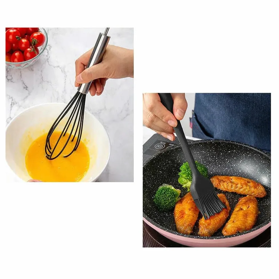 WLDMA Ensemble d'ustensiles de cuisine noirs en silicone de qualité alimentaire avec spatule, pelle à soupe, cuillère à soupe, ustensiles de cuisine BPA