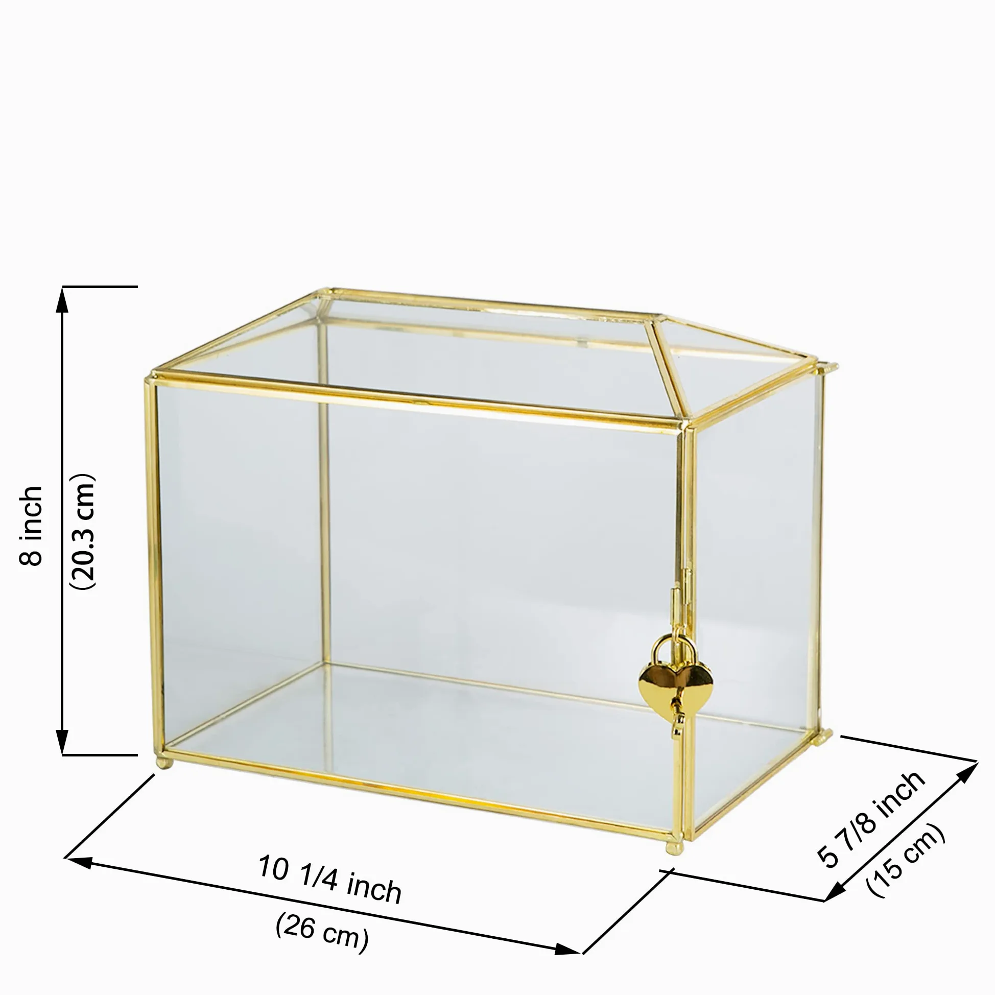 Grande boîte à cartes de mariage en verre transparent avec fente - 25,9 cm - En laiton doré - Avec serrure - Pour réceptions de mariage, fête prénatale, fête d'anniversaire