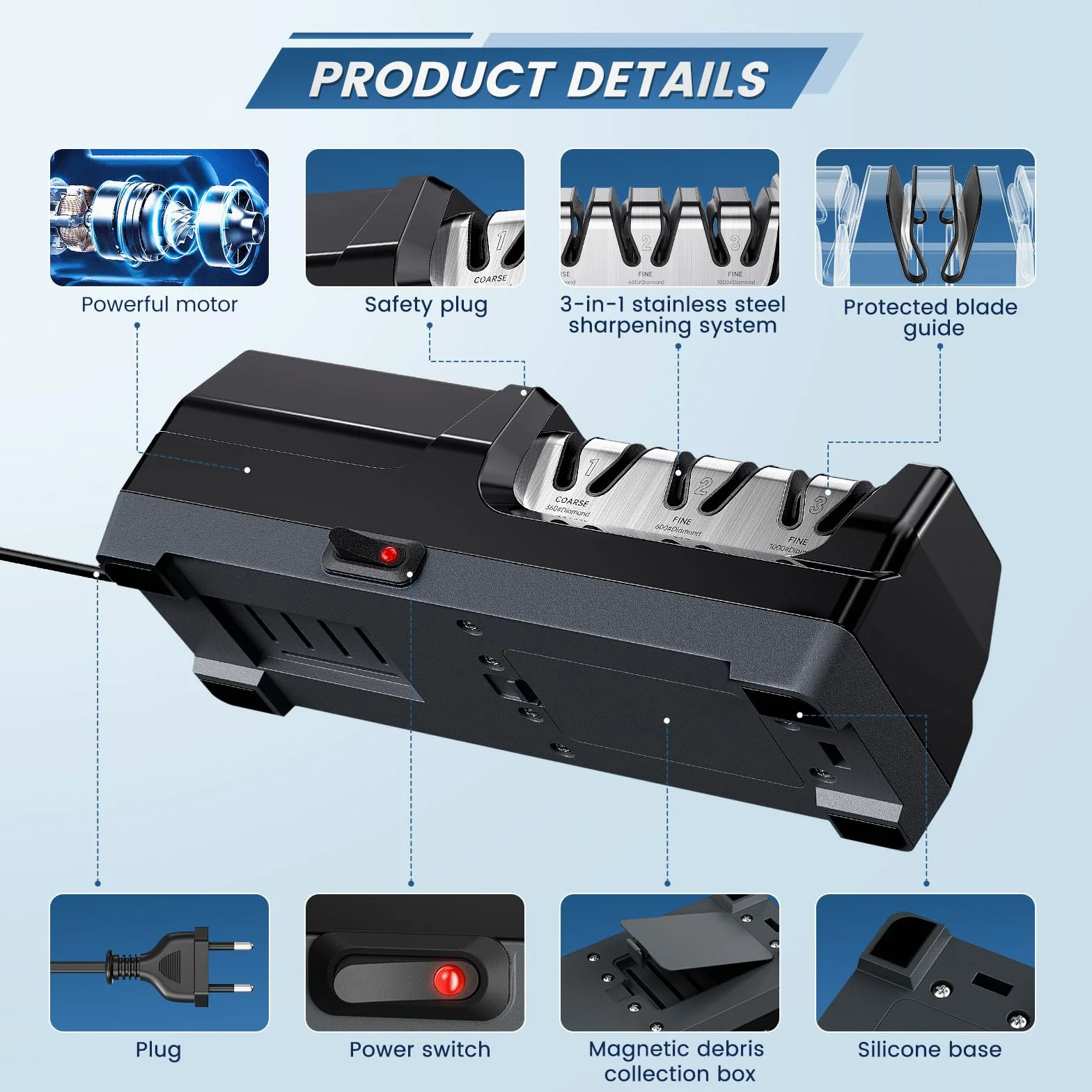 Aiguiseur de Couteaux électrique Professionnel à 3 Niveaux, Disques Diamantés, Protection Contre la Surchauffe, Moteur Silencieux, Affûtage Rapide pour Couteaux de Cuisine