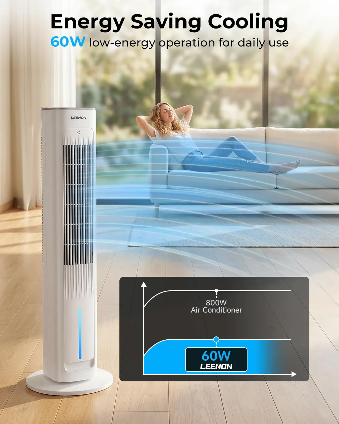 LEENON 3en1 Rafraichisseur d'Air Silencieux, 38" Colonne Ventilateur avec Télécommande & Réservoir 3L, 3 Vitesses/Modes, Minuterie 12H, Oscillation, Ventilateur Eau Froide Maison