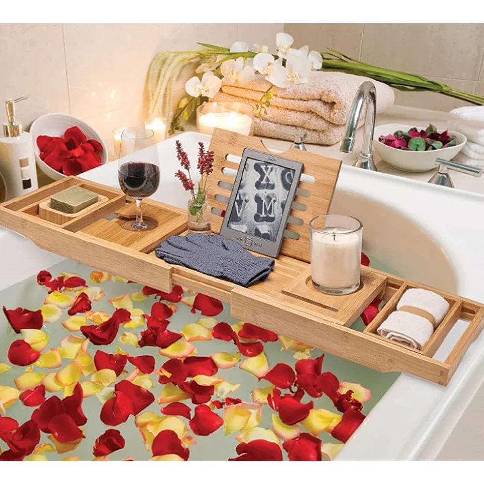 Pont de Baignoire Extensible Bambou,Plateau de Rangement Baignoire Expérience de Spa,2 en 1 Plateau en Bambou Naturel de Baignoire/Lit,avec Support pour Verre à Vin,Livre et Tablette