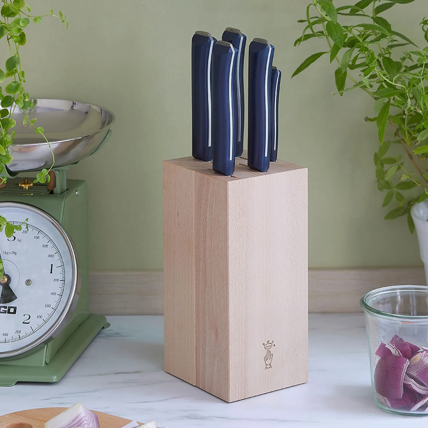 OPINEL - Bloc de Rangement pour Couteaux en Bois de Hêtre - Design Sobre et Élégant - Vos Couteaux de Cuisine Toujours à Portée de Main et Protégés - pour 5 Couteaux