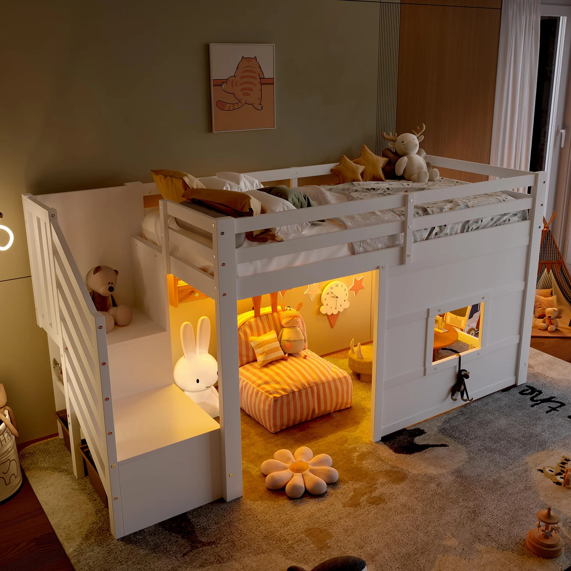 Sapgaks Lit Mezzanine Enfant 90x200 avec éclairage LED,lit mi Hauteur avec escalier de Rangement et fenêtre,Cadre de lit Enfant 90x200 (J-Blanc 90)