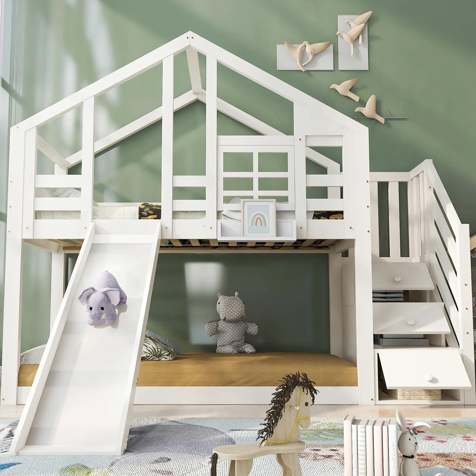 Lit Enfant, lit superposé, lit Triple, 90 x 200 cm, avec Toboggan et échelle, Toit au Design Unique, lit supérieur avec Espace de Rangement, pin et MDF (Blanc-C, 90×200 CM)