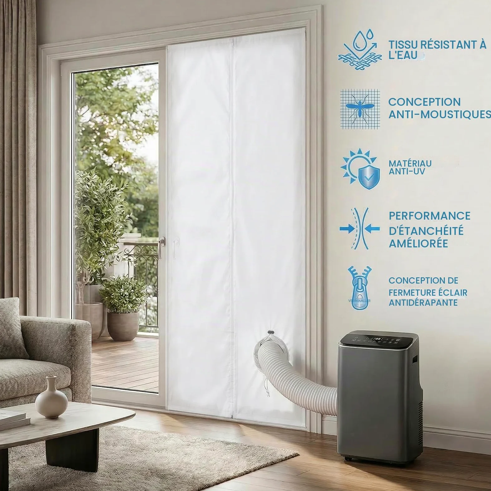 Kit d'Étanchéité Porte et Fenêtre pour Climatiseur Mobile Qoosea - 90x210cm avec Passage à Cordon et 7m de Bandes Adhésives pour Portes Coulissantes et Fenêtres